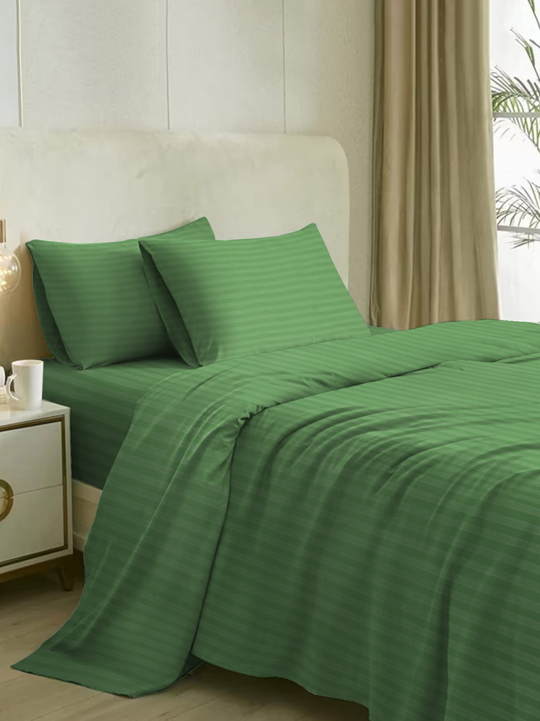 

Naksh Green Striped Cotton 210 TC Queen Bedsheet With 2 Pillow Covers