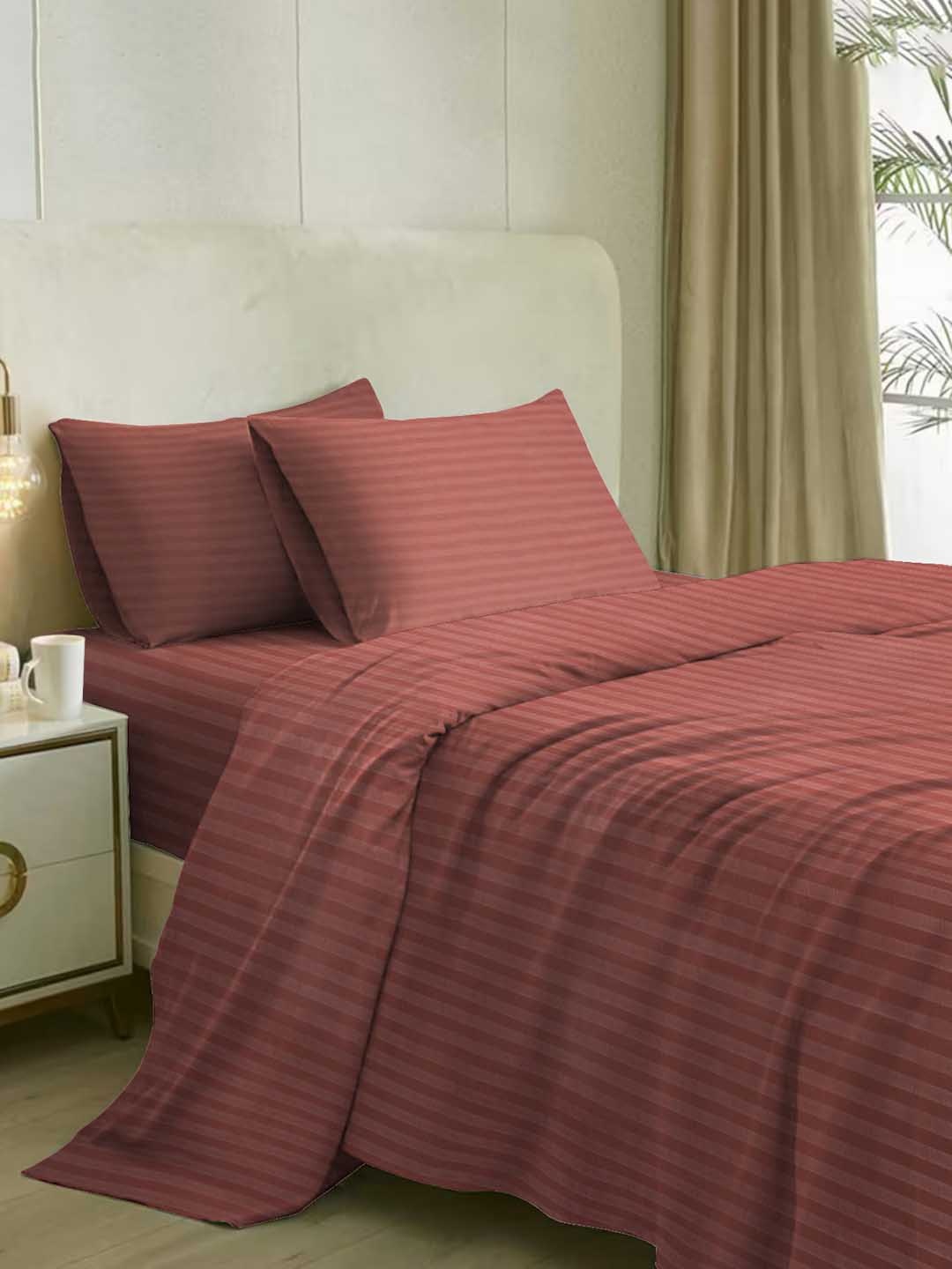 

Naksh Rust Striped Cotton 210 TC King Fitted Bedsheet With 2 Pillow Covers