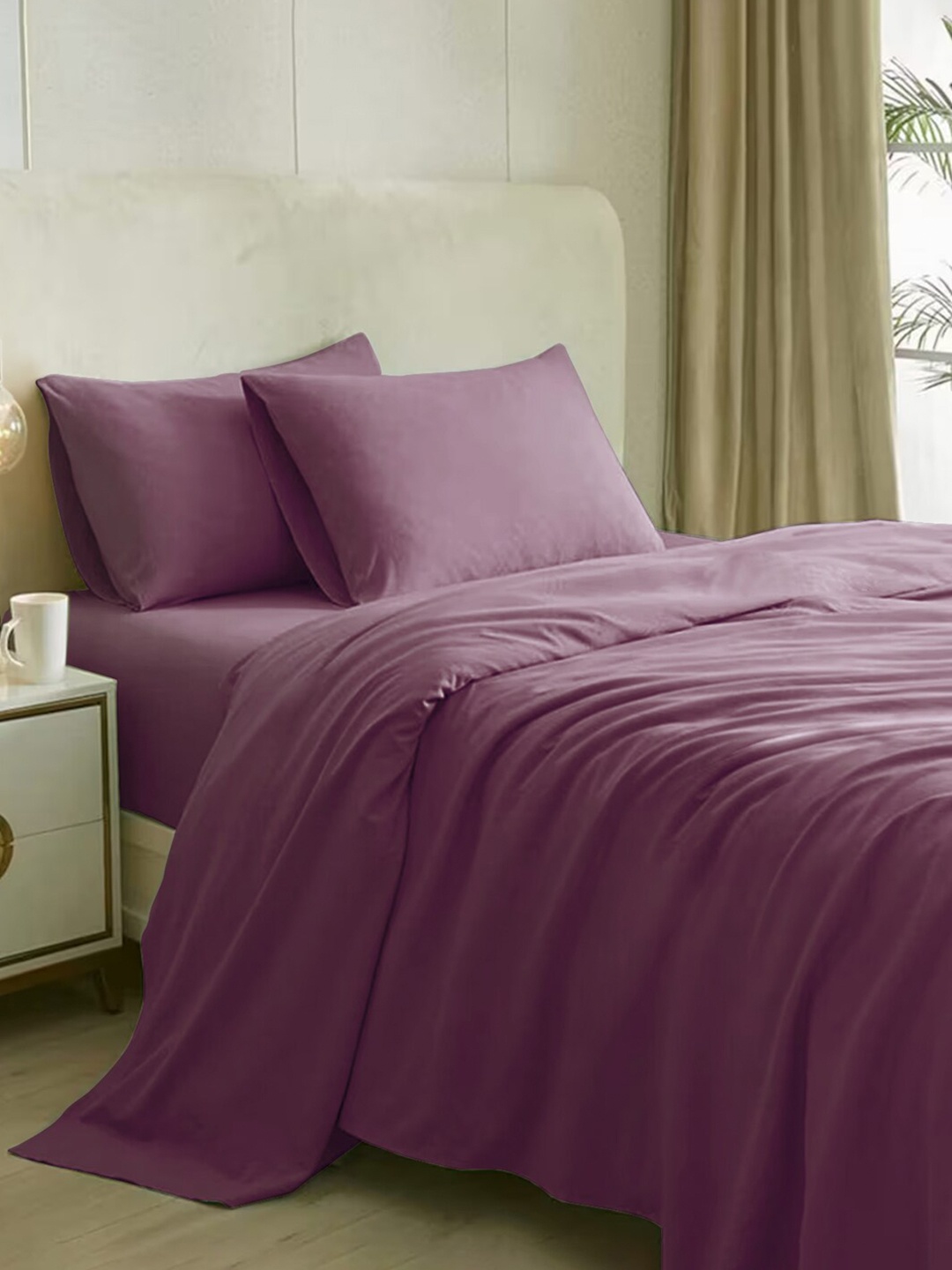 

Naksh Purple Cotton 210 TC Fitted King Bedsheet with 2 Pillow Covers