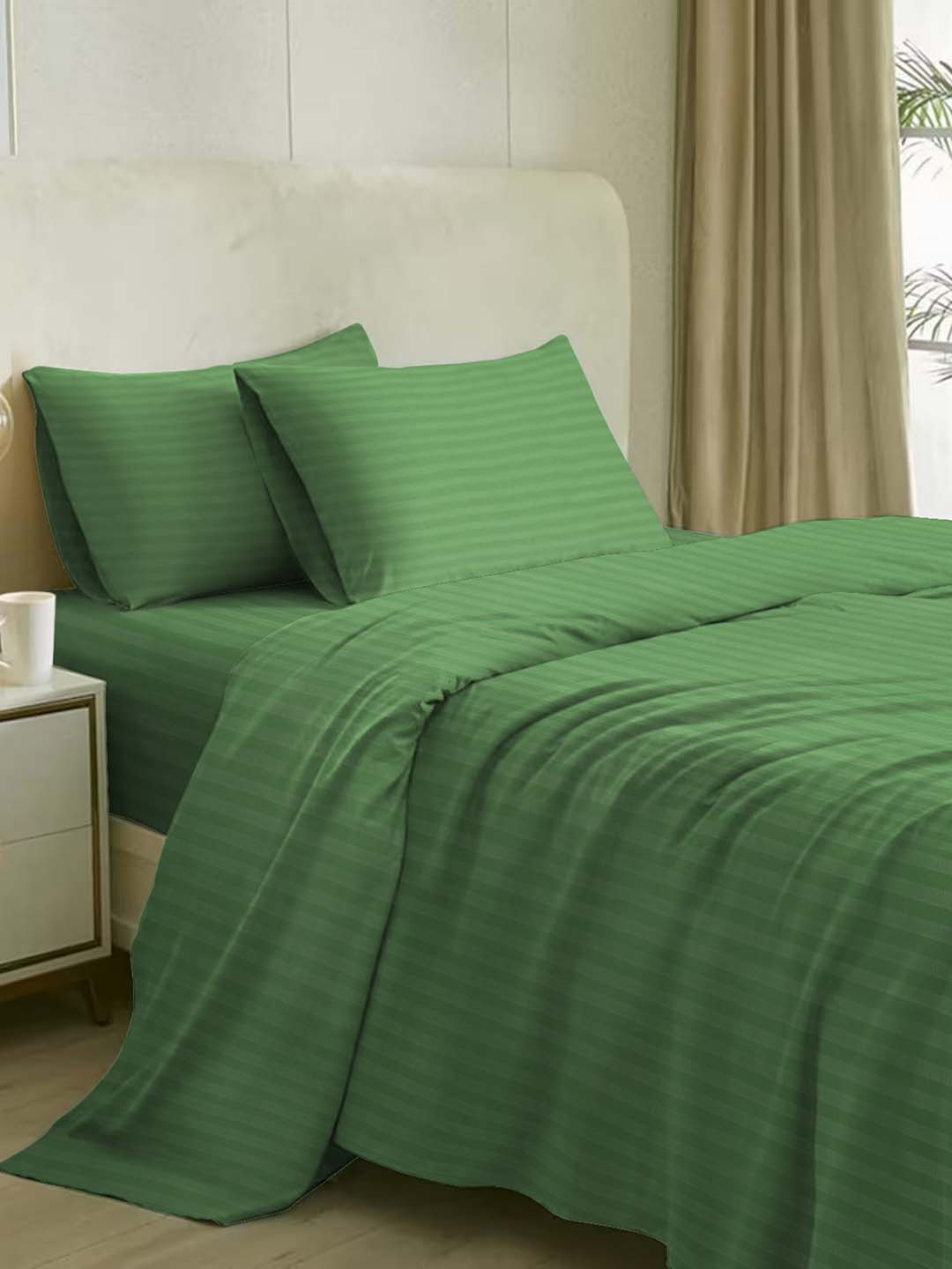 

Naksh Green Striped Cotton 210 TC King Bedsheet with 2 Pillow Covers