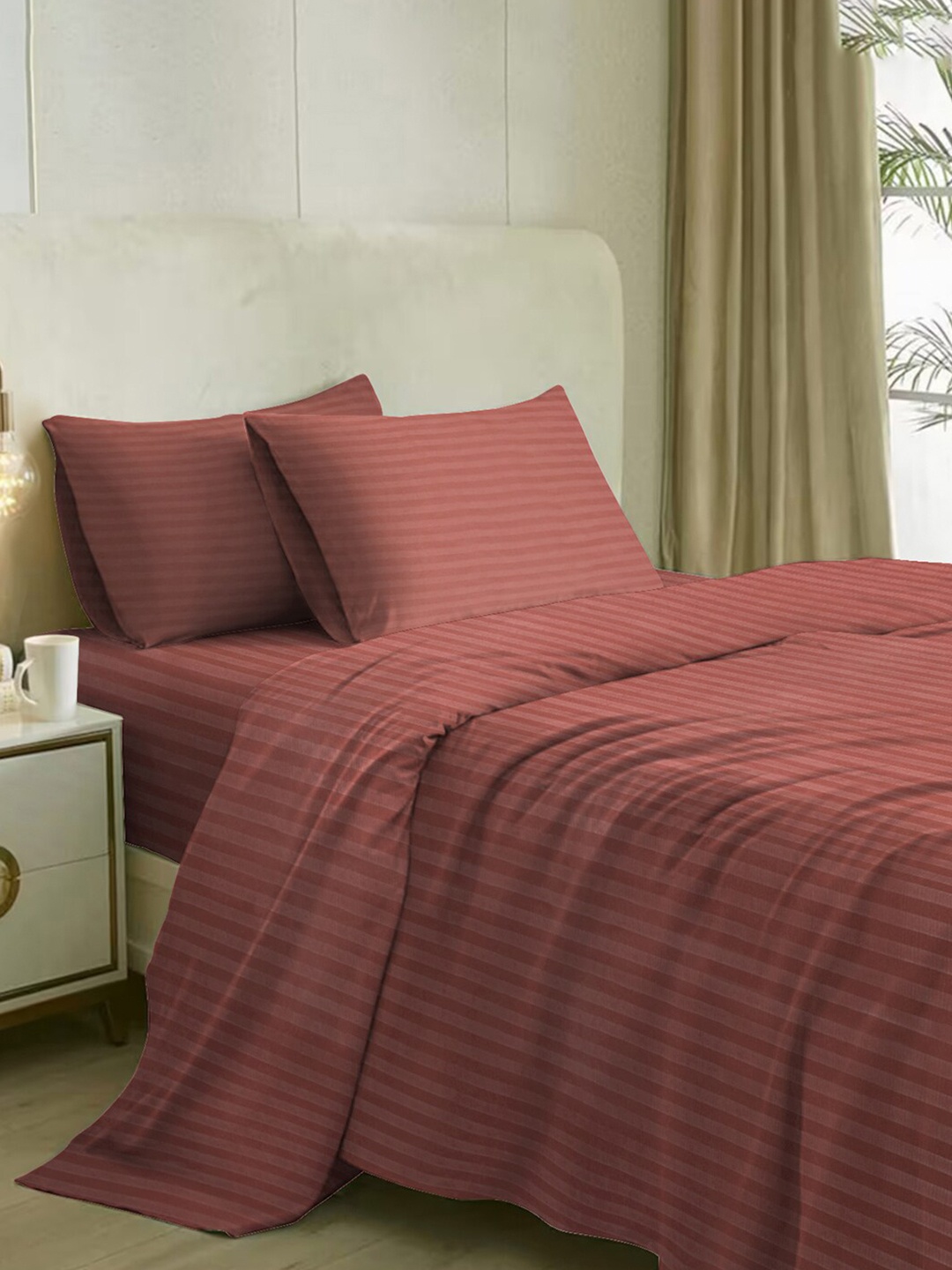

Naksh Rust Striped Cotton 210 TC Queen Bedsheet with 2 Pillow Covers