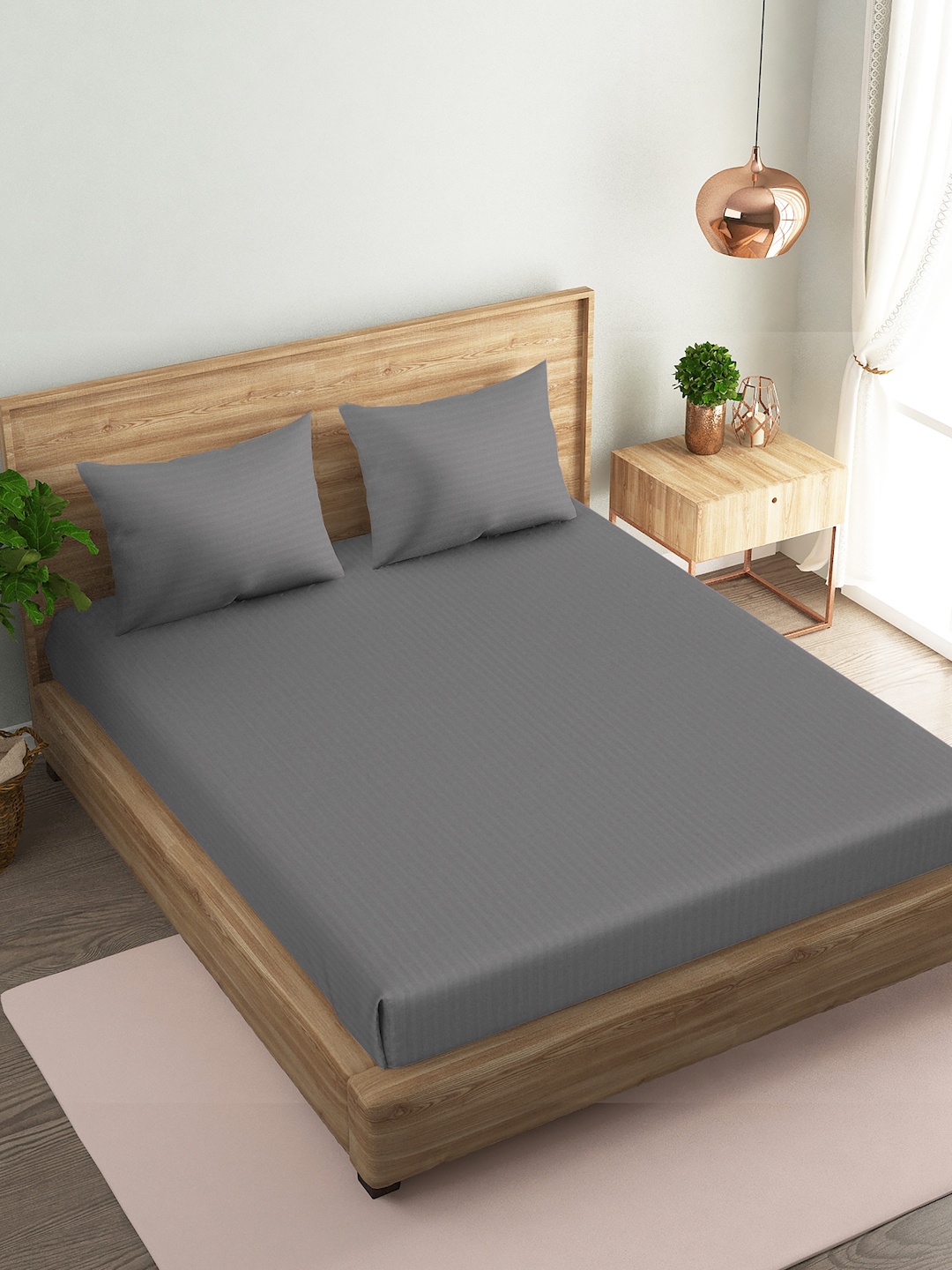 

Naksh Grey Striped Cotton 210 TC Fitted King Bedsheet with 2 Pillow Covers