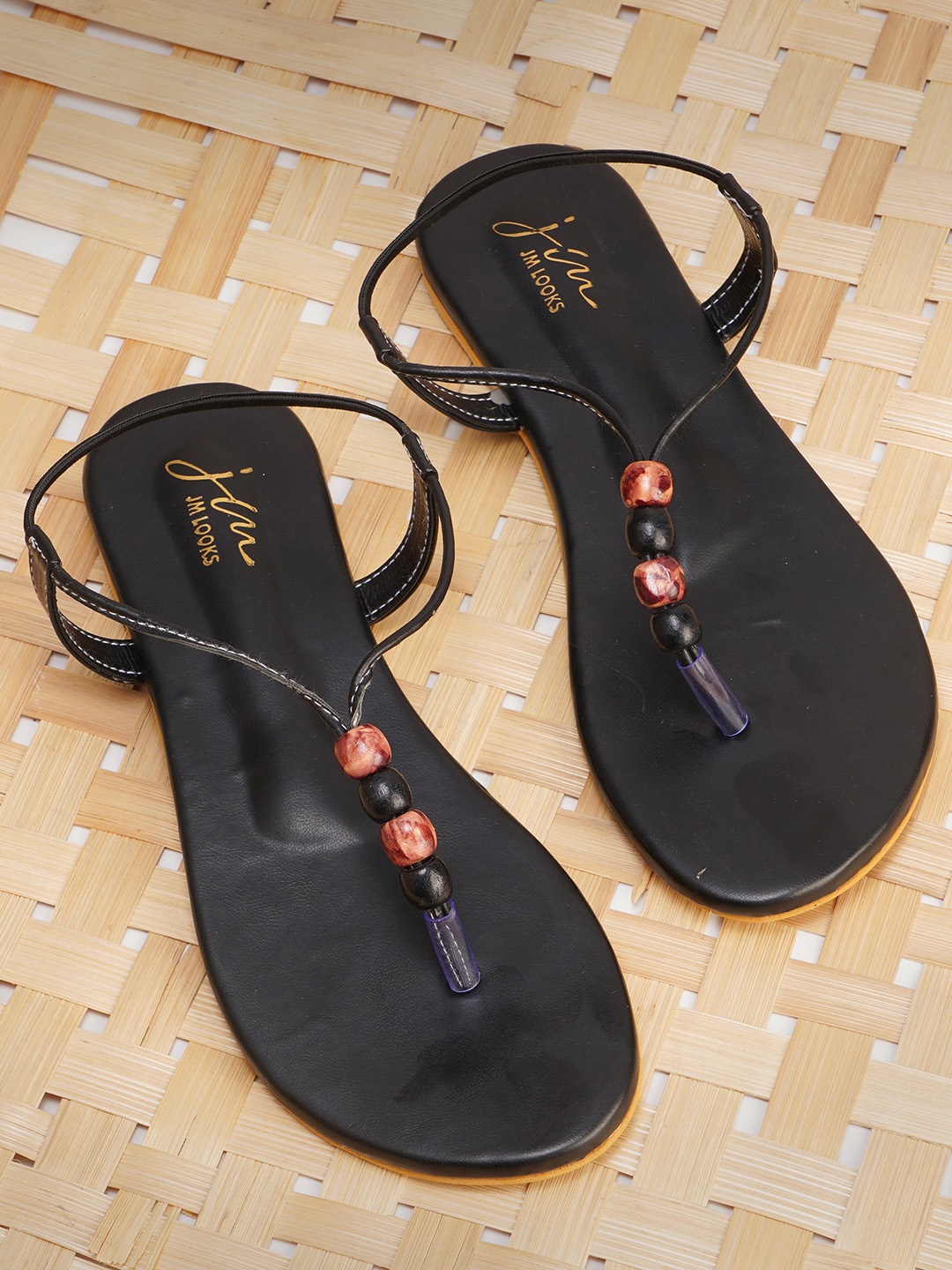 

JM Looks Embellished T- Strap Flats With Backstrap, Black