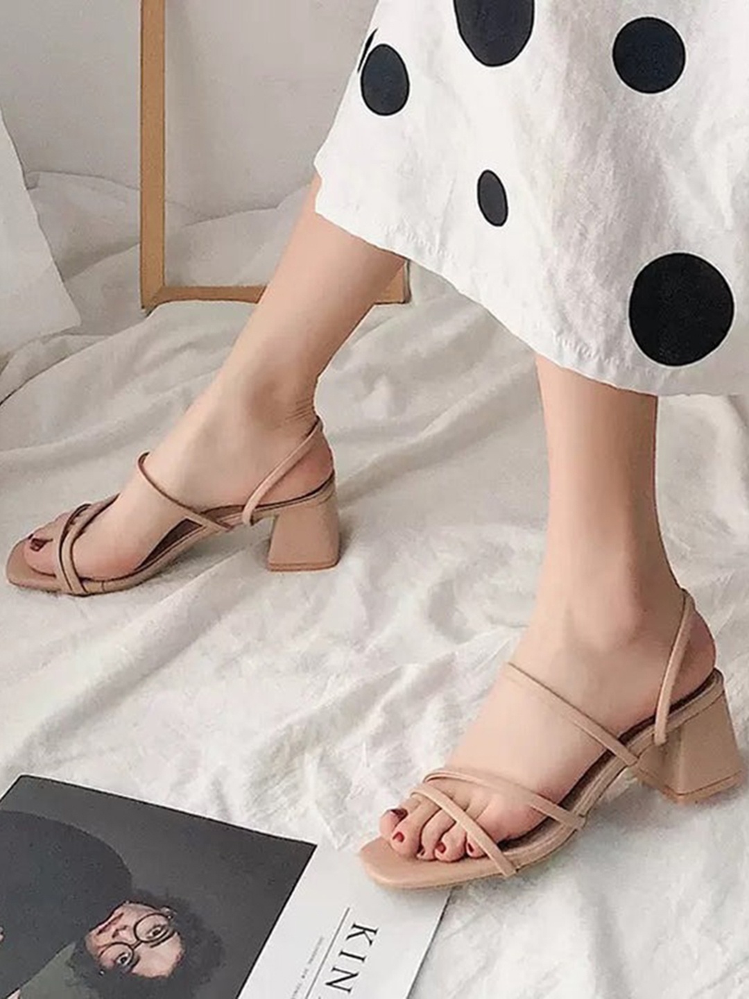 

JM Looks Strappy Open Toe Block Heels With Backstrap, Tan