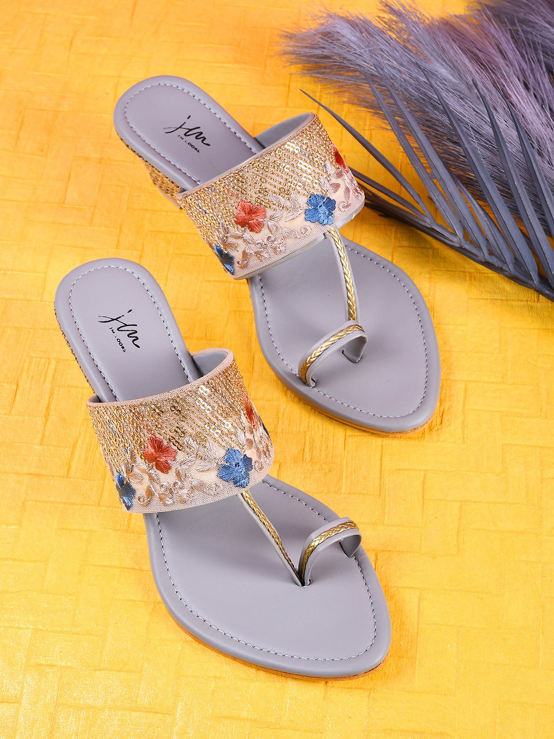 

JM Looks Ethnic Embellished One Toe Wedges, Grey