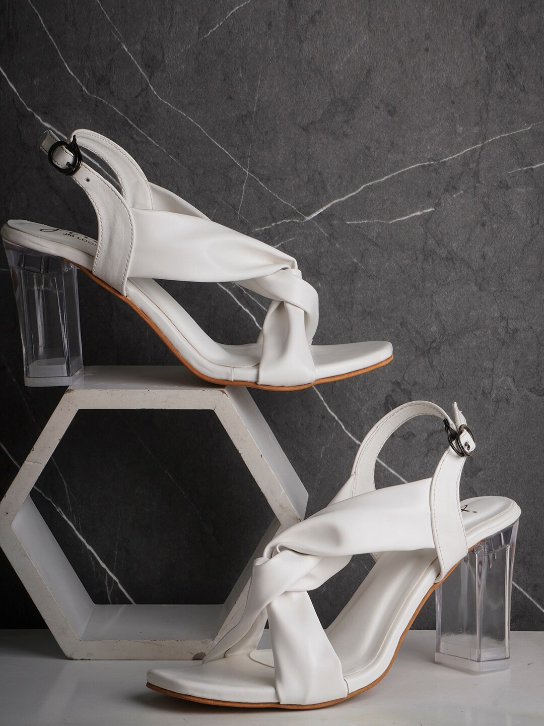 

JM Looks Twisted Block Heels With Buckle Closure, White