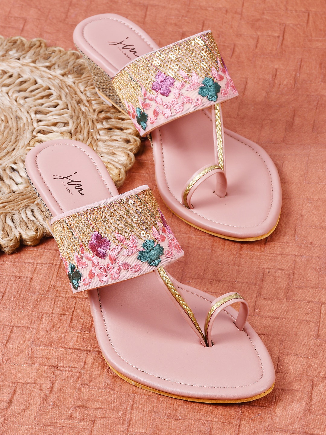 

JM Looks Embroidered One Toe Wedge Heels, Peach