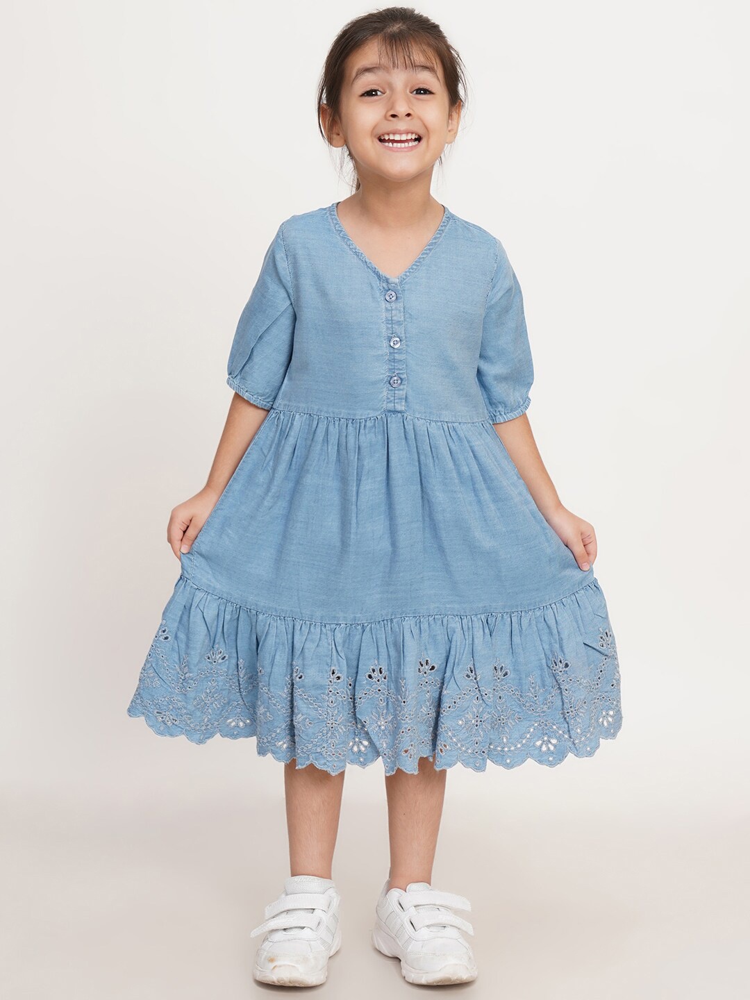 

Creative Kids Girls Puff Sleeves V-Neck Schiffli Cotton Denim Fit & Flare Midi Dress, Blue