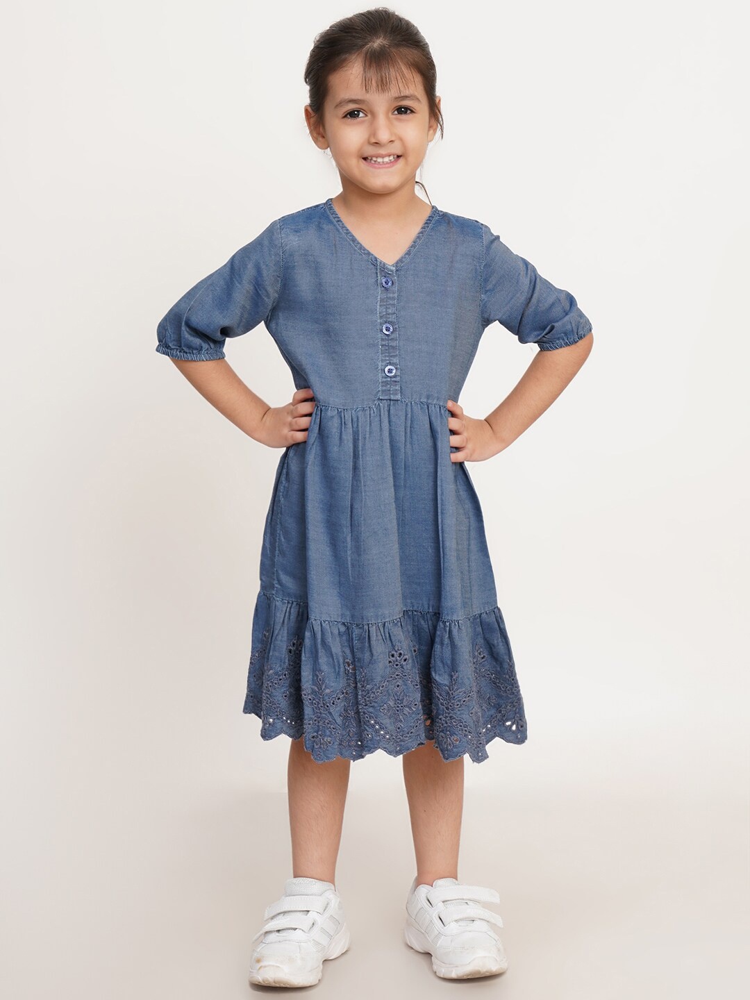 

Creative Kids Girls V-Neck Cotton Denim Fit & Flare Dress, Navy blue