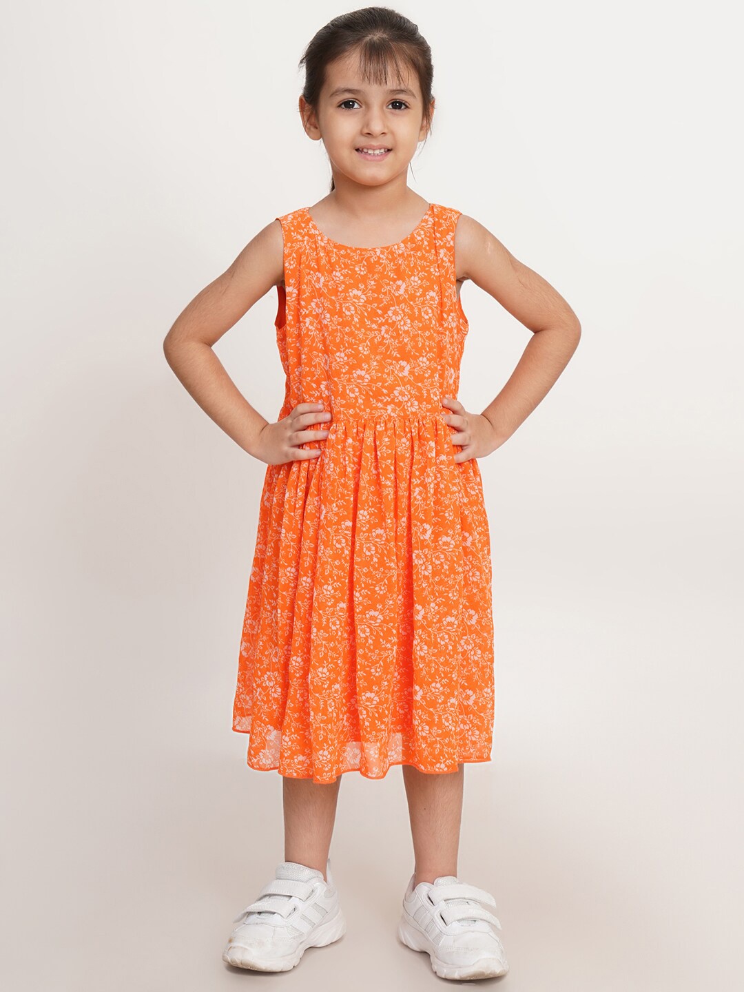 

Creative Kids Girls Floral Printed Georgette A-Line Dress, Orange