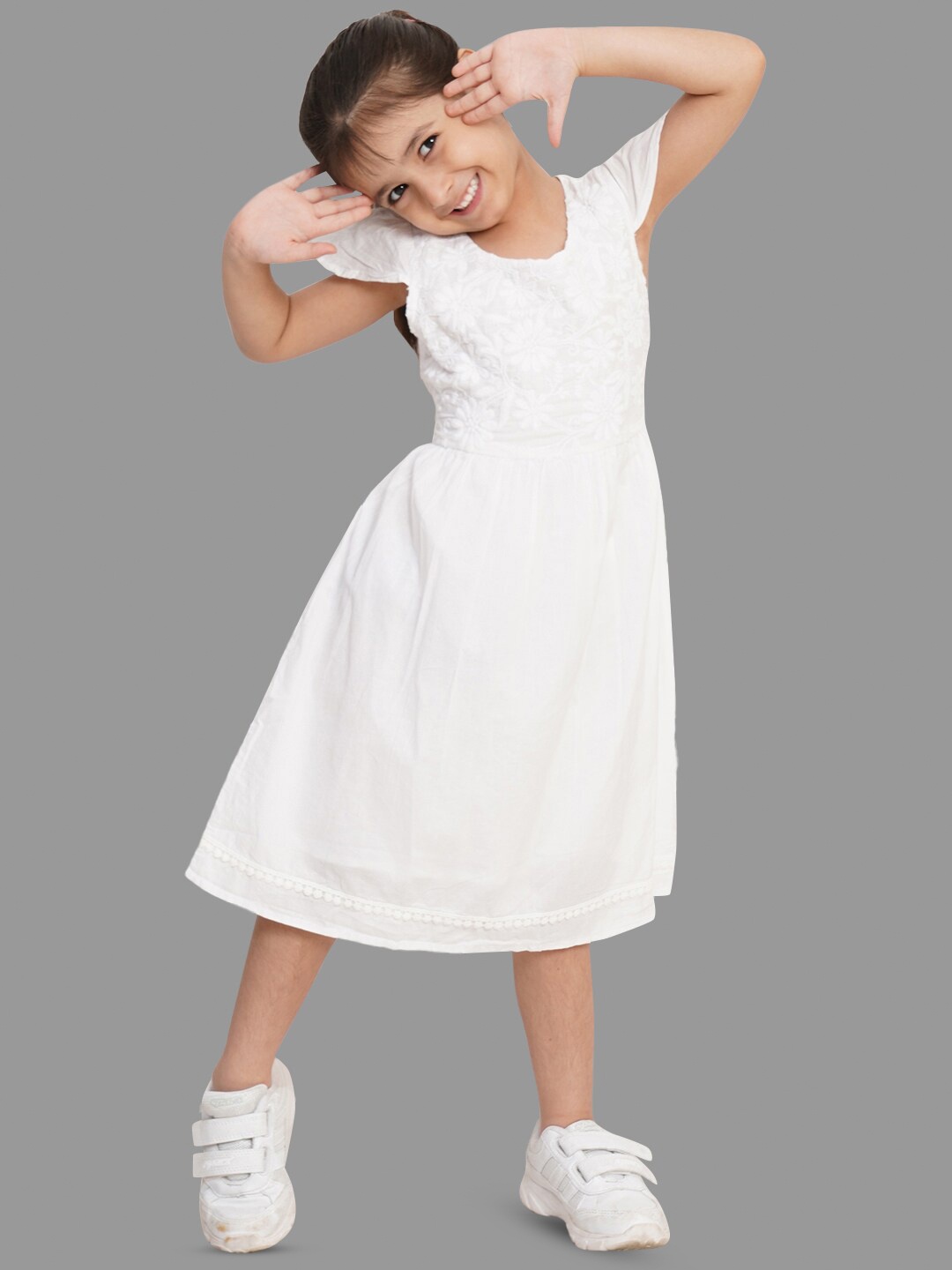 

Creative Kids Girls Floral Embroidered Cap Sleeves Cotton A-Line Midi Dress, White