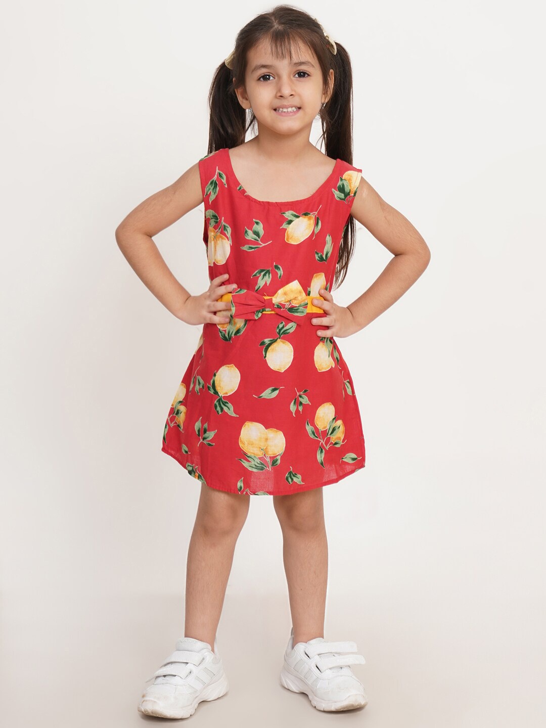 

Creative Kids Girls Floral Printed Cotton Sleeveless A-Line Dress With Bow, Red