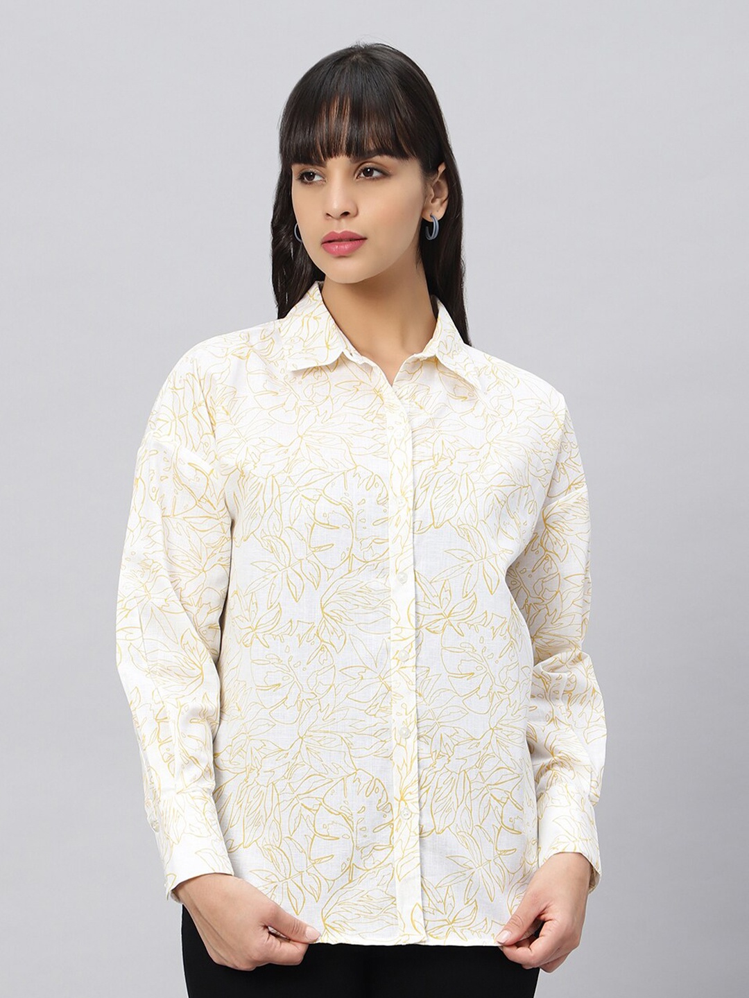 

OUI Floral Printed Cotton Comfort Opaque Oversized Casual Shirt, Off white