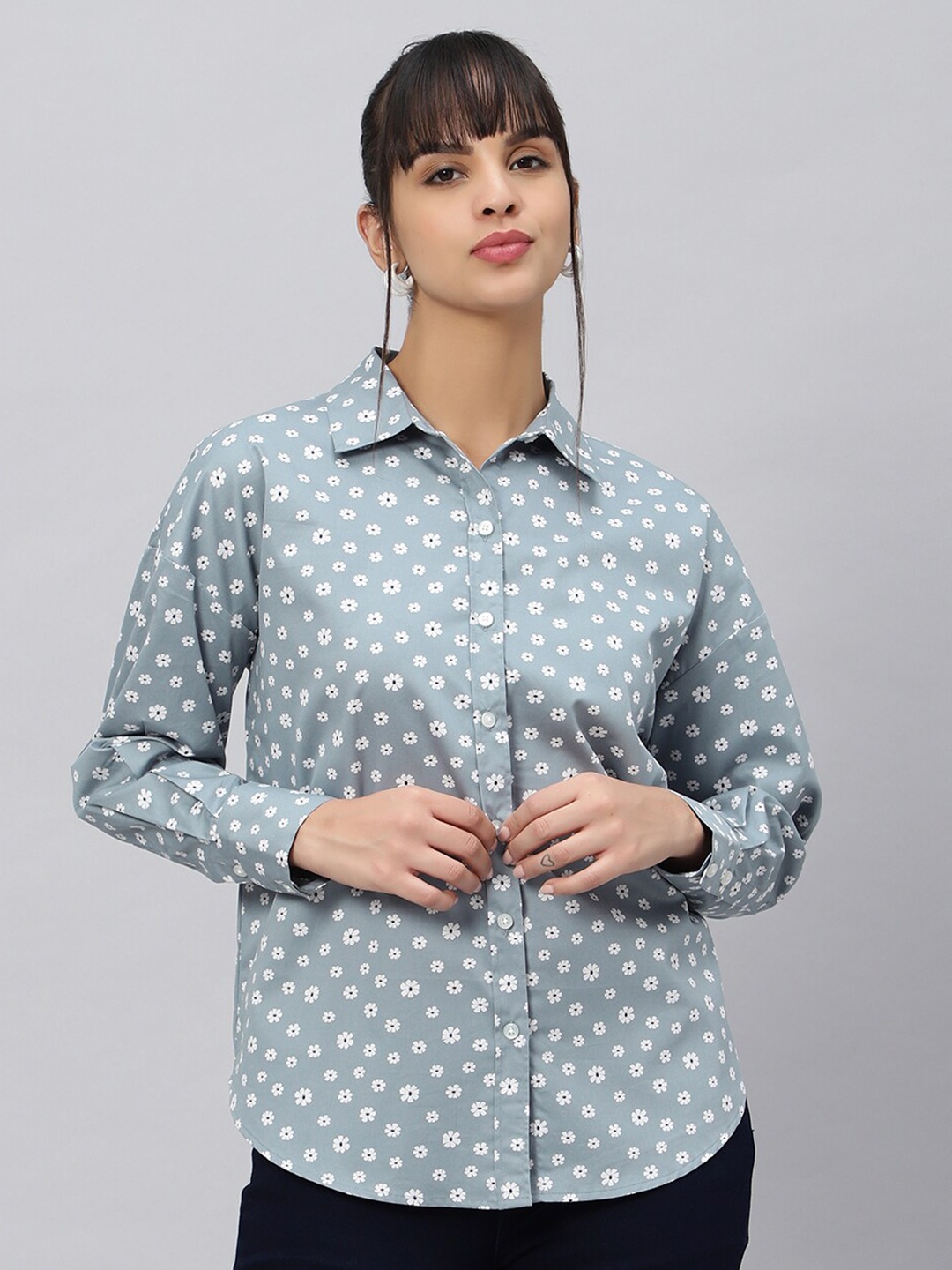 

OUI Comfort Floral Printed Spread Collar Regular Fit Cotton Casual Shirt, Grey