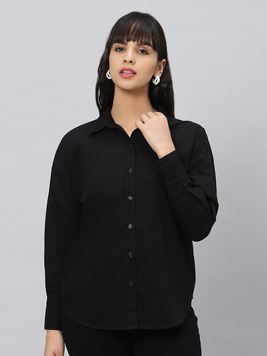 

OUI Comfort Spread Collar Oversized Fit Cotton Casual Shirt, Black