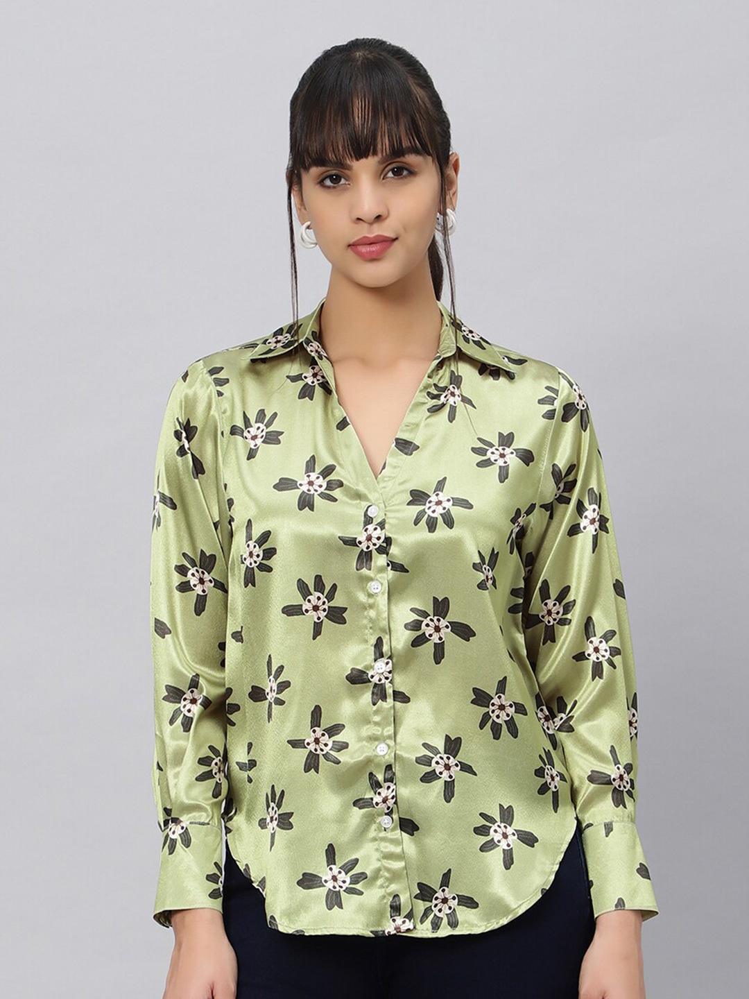 

OUI Floral Printed Satin Comfort Opaque Oversized Casual Shirt, Green