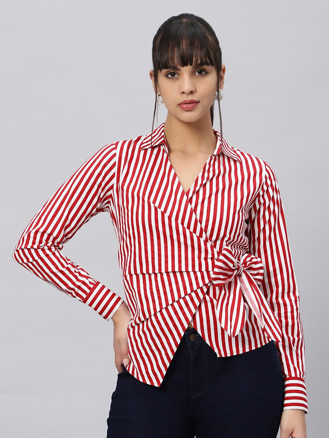 

OUI Vertical Striped Shirt Collar Bow Tie-Up Cotton Shirt Style Top, Red