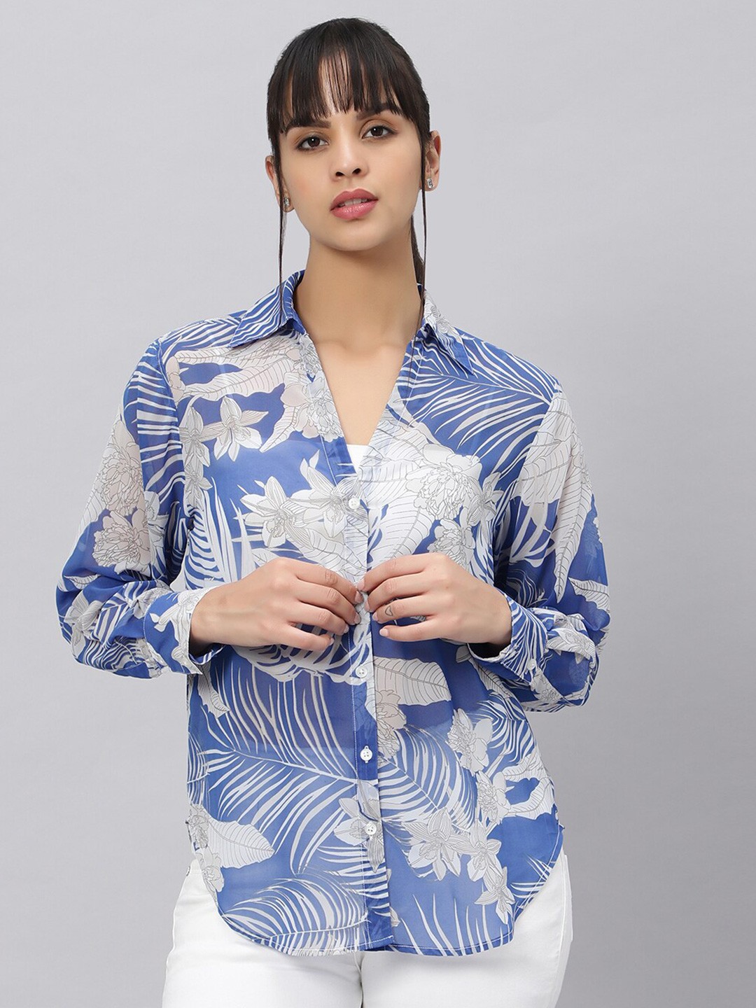 

OUI Floral Printed Comfort Oversized Semi Sheer Casual Shirt, Blue