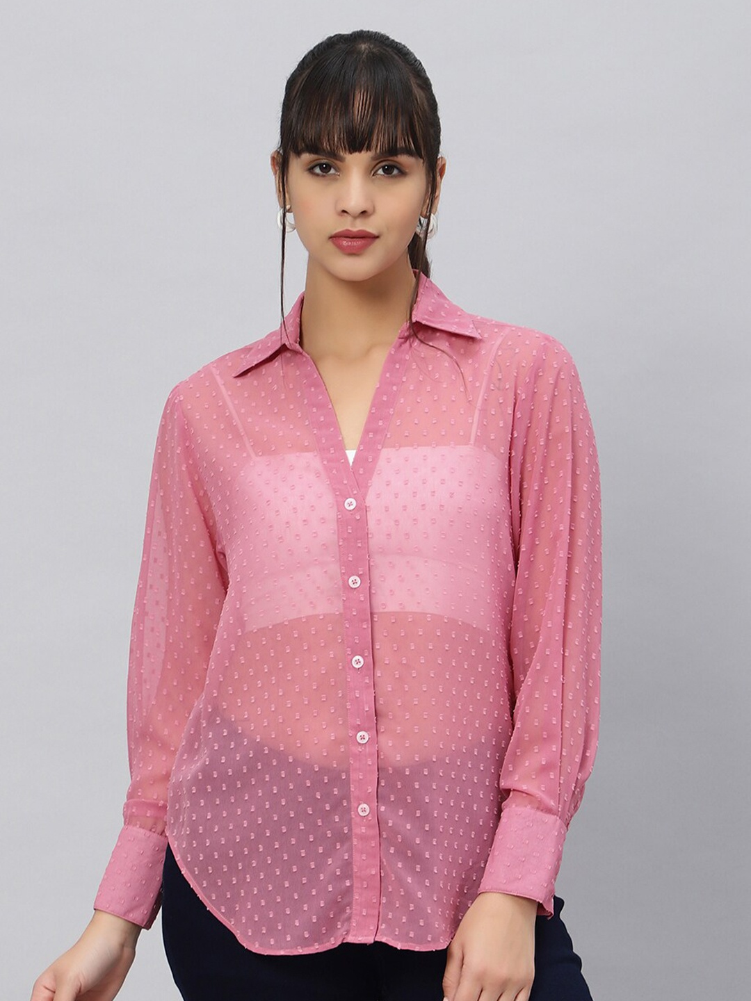 

OUI Self Design Spread Collar Semi Sheer Regular Fit Casual Shirt, Pink