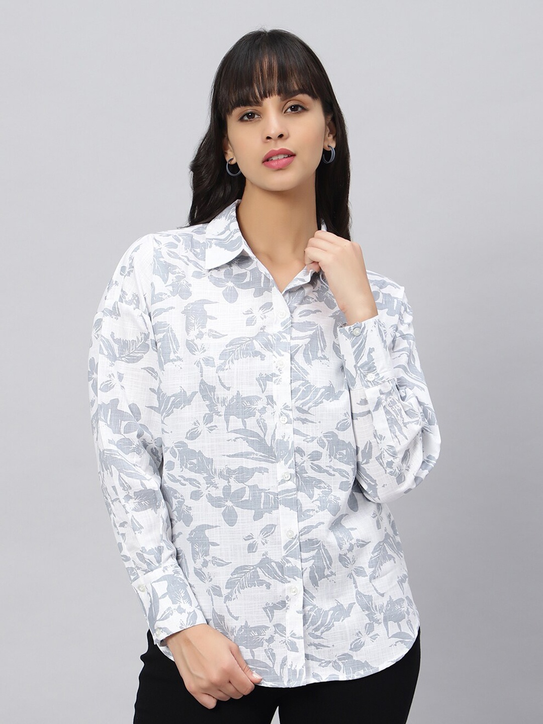 OUI Women Floral Printed Comfort Oversized Fit Cotton Casual Shirt, White