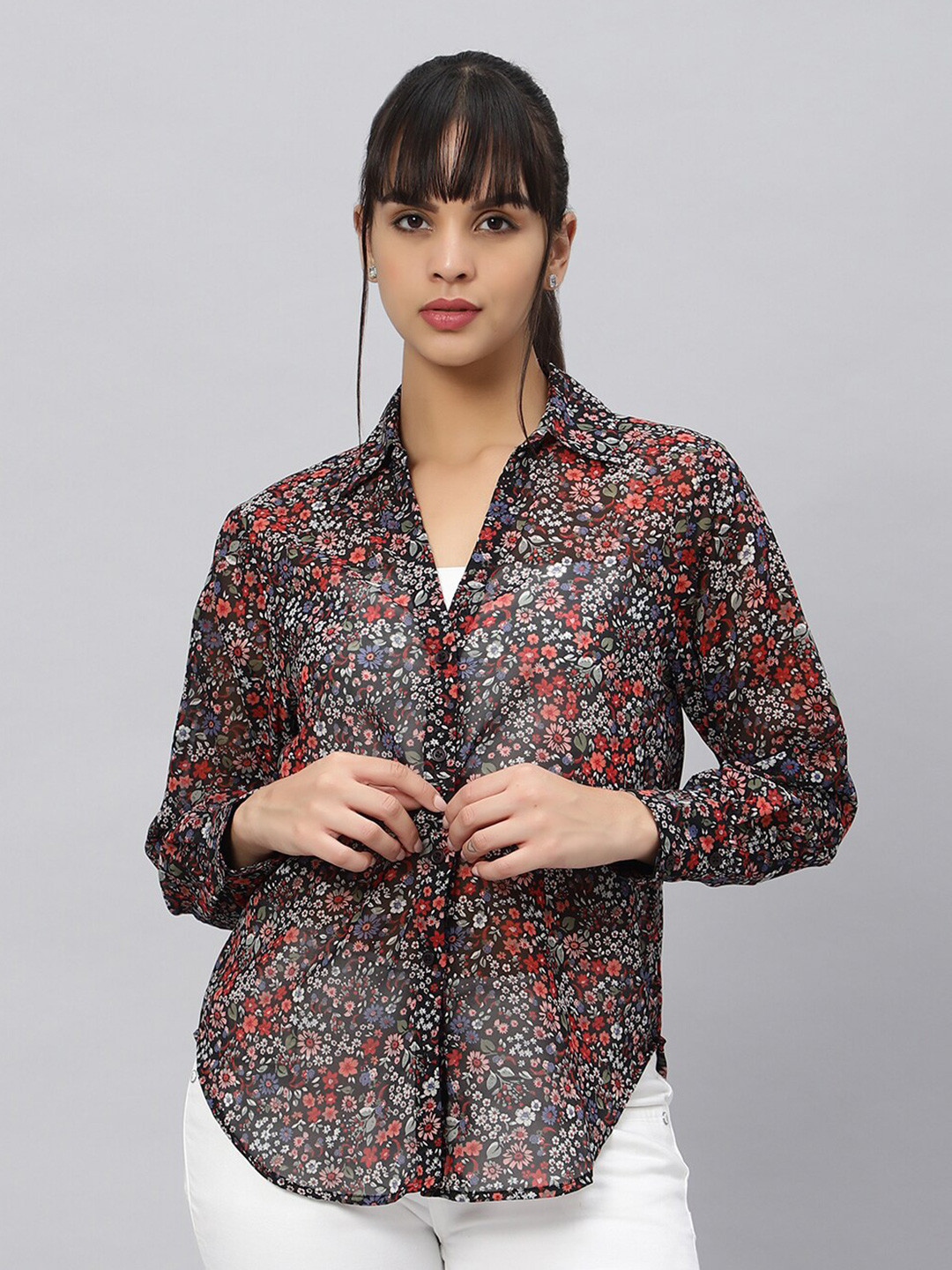 

OUI Floral Printed Comfort Oversized Casual Shirt, Black