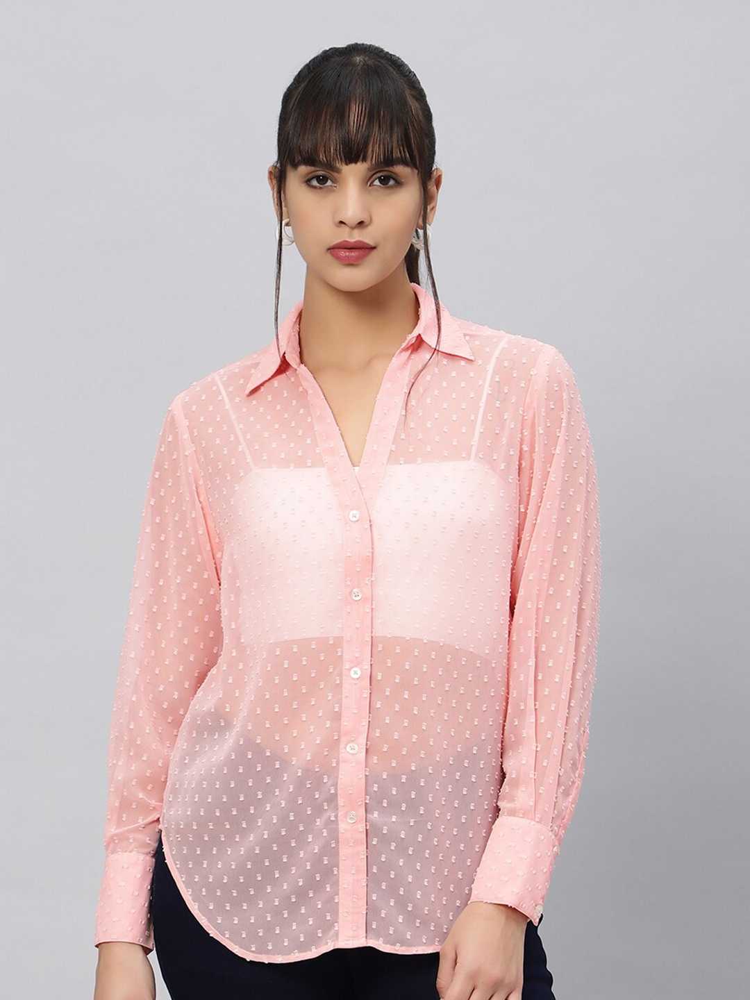 

OUI Self Design Comfort Opaque Oversized Casual Shirt, Peach