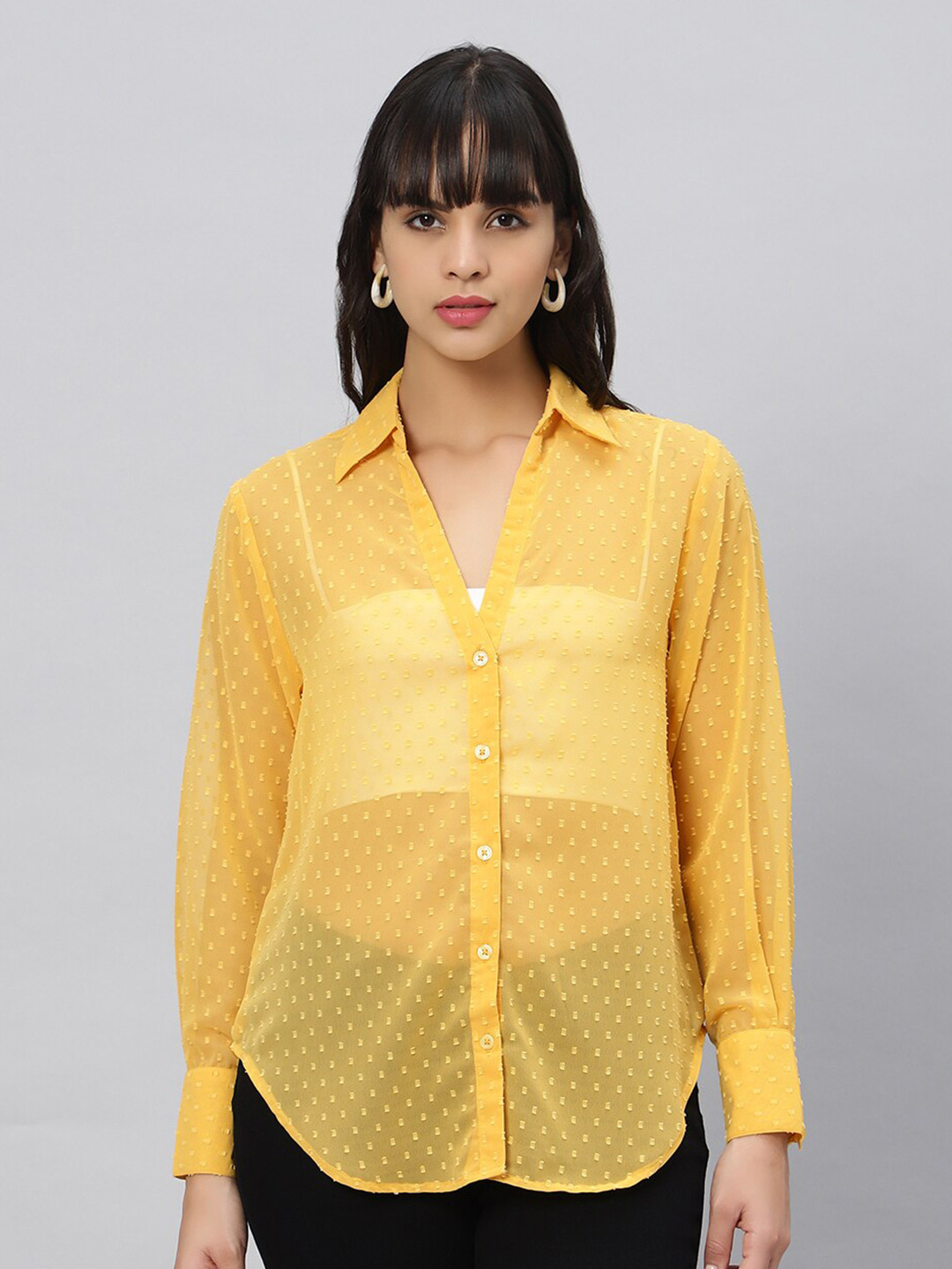 

OUI Comfort Oversized Textured Self Design Spread Collar Georgette Casual Shirt, Yellow