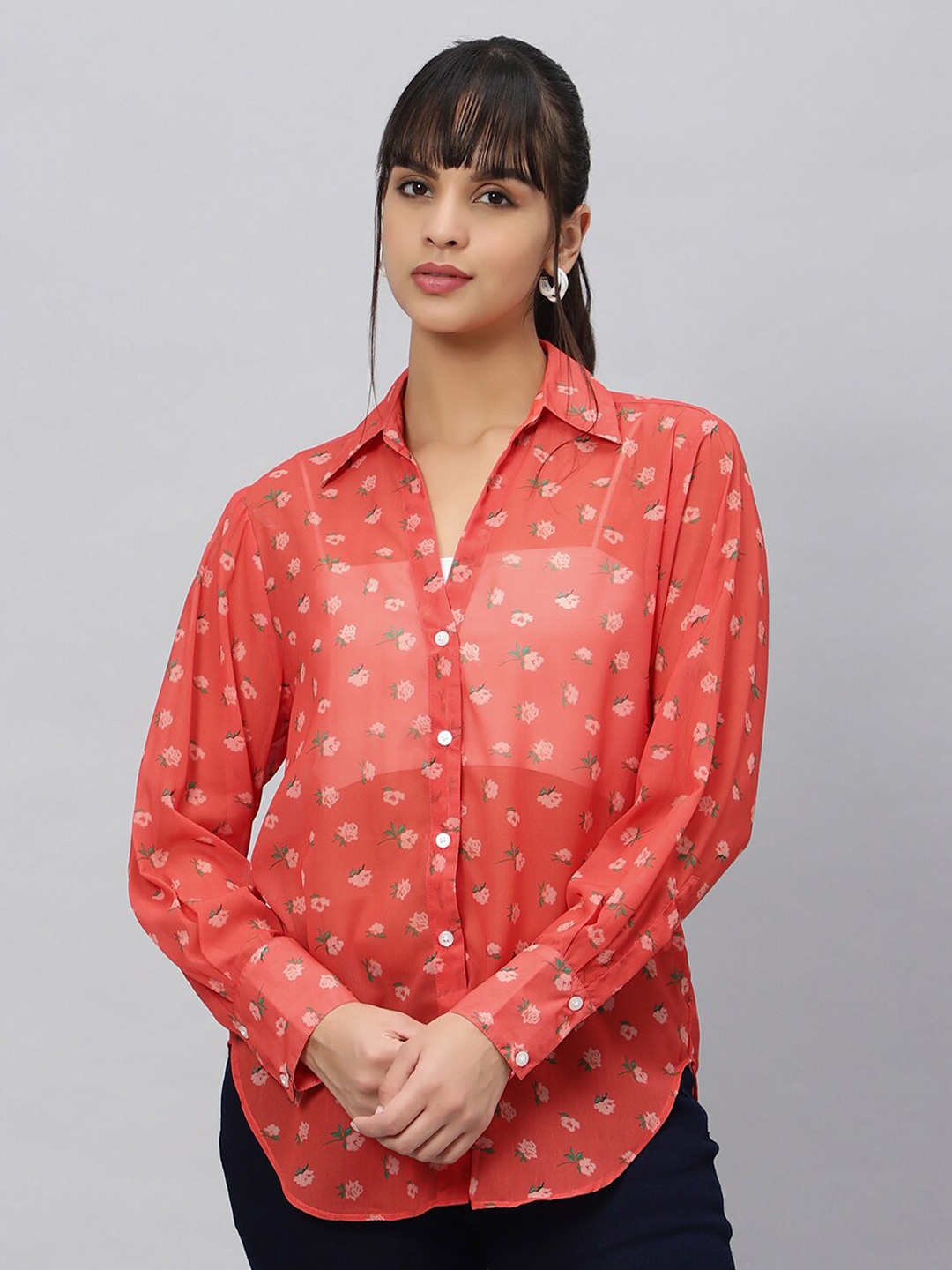 

OUI Comfort Floral Printed Casual Shirt, Orange