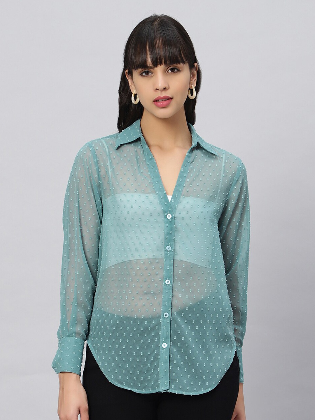 

OUI Comfort Self Design Spread Collar Semi Sheer Oversized Casual Shirt, Green
