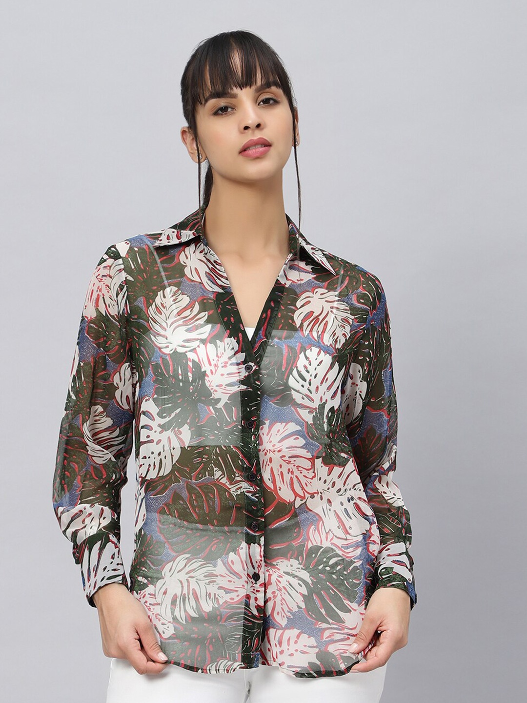 

OUI Women Comfort Oversized Floral Printed Semi Sheer Casual Shirt, Green