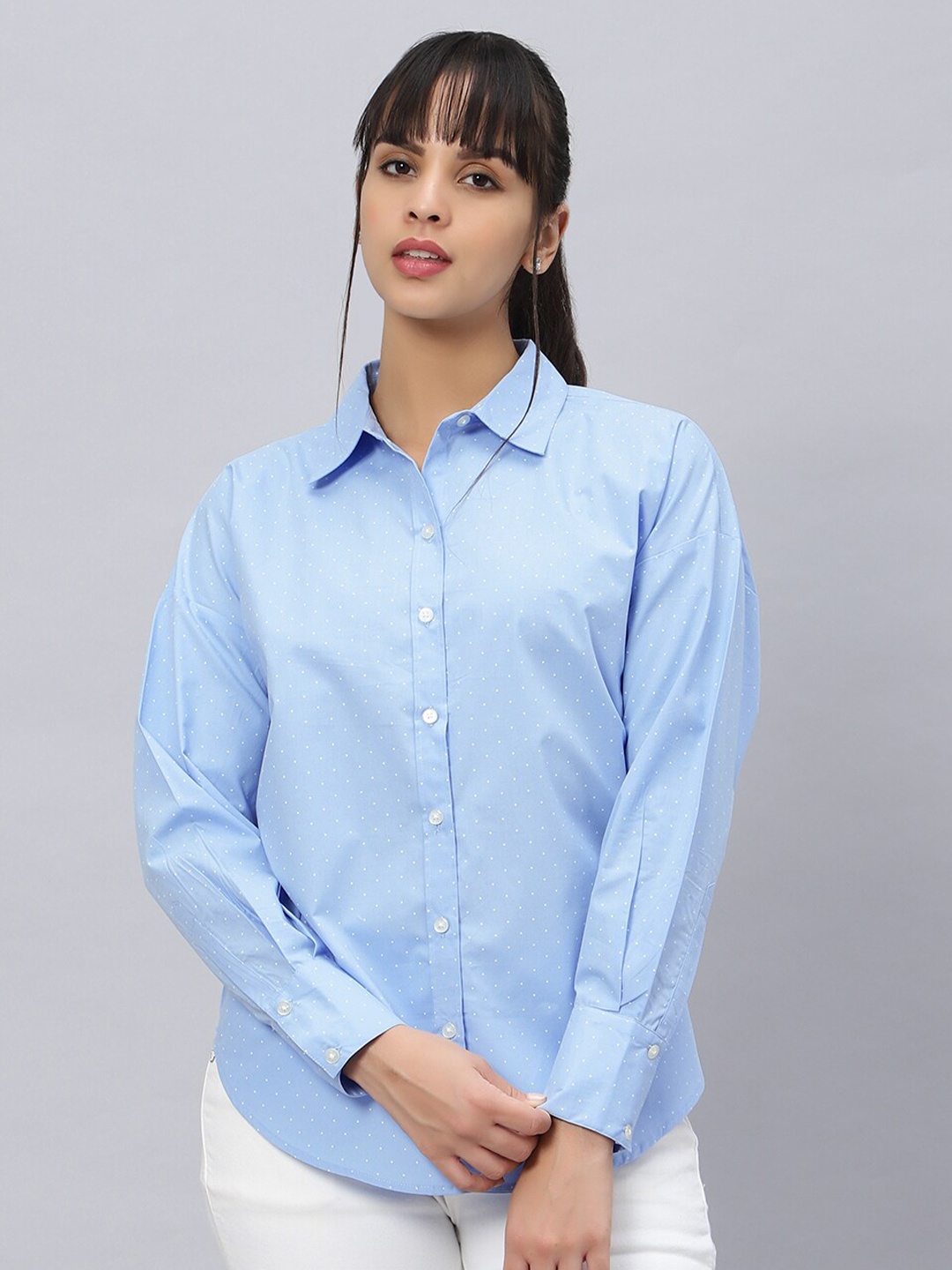 

OUI Polka Dot Printed Comfort Oversized Fit Cotton Casual Shirt, Blue
