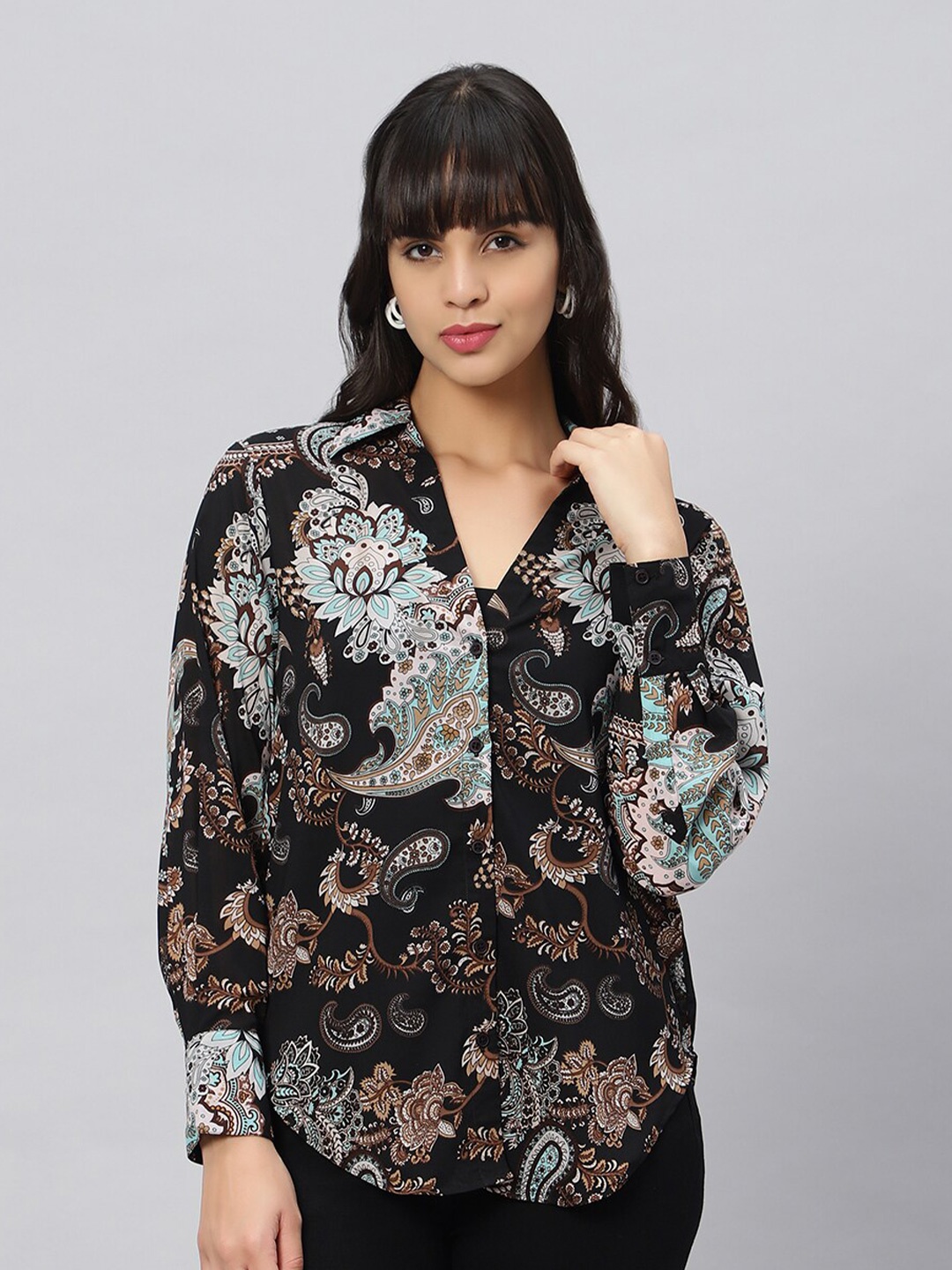 

OUI Comfort Floral Printed Spread Collar Georgette Oversized Casual Shirt, Black