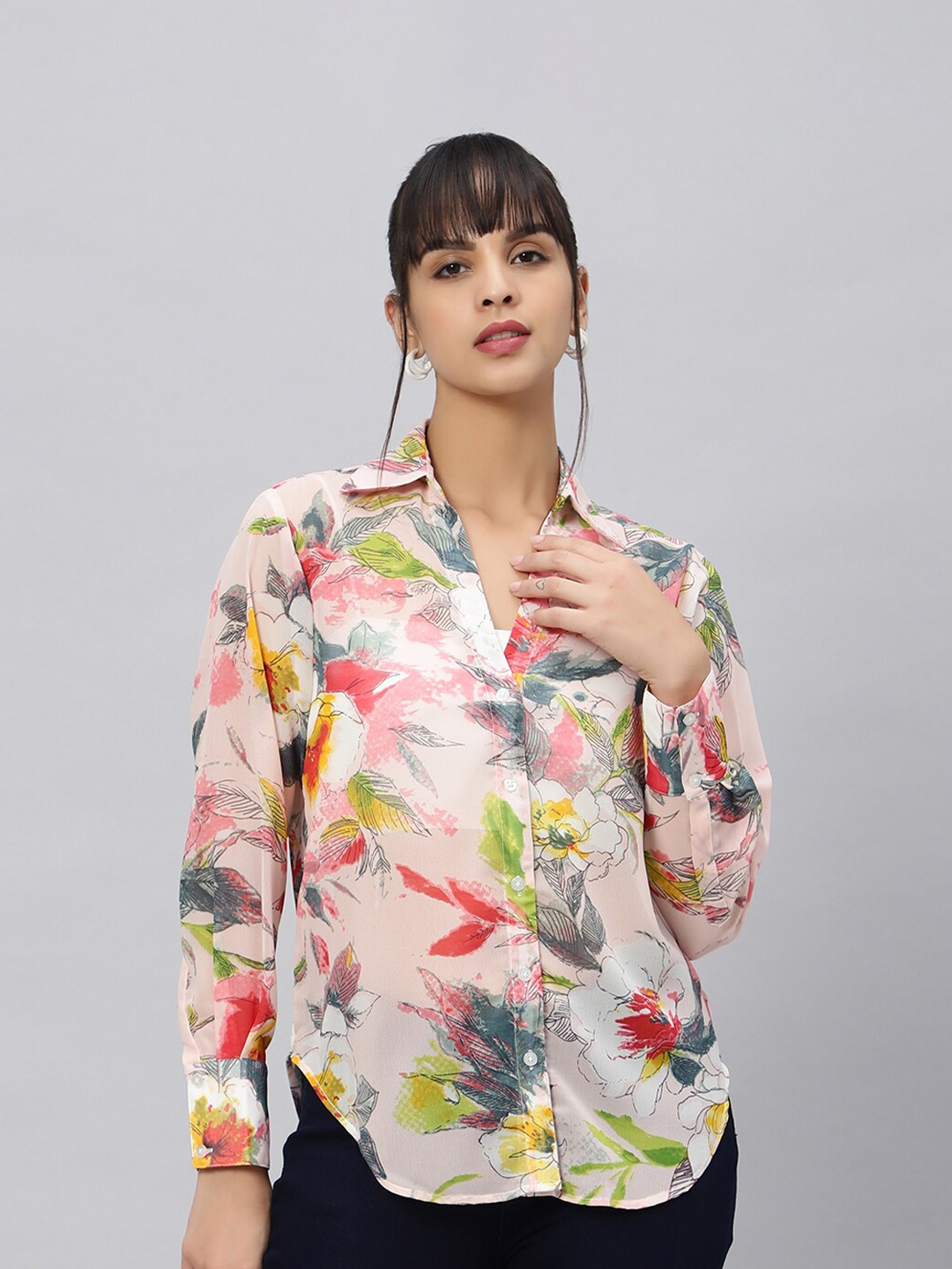 

OUI Women Comfort Oversized Floral Printed Semi Sheer Casual Shirt, Pink