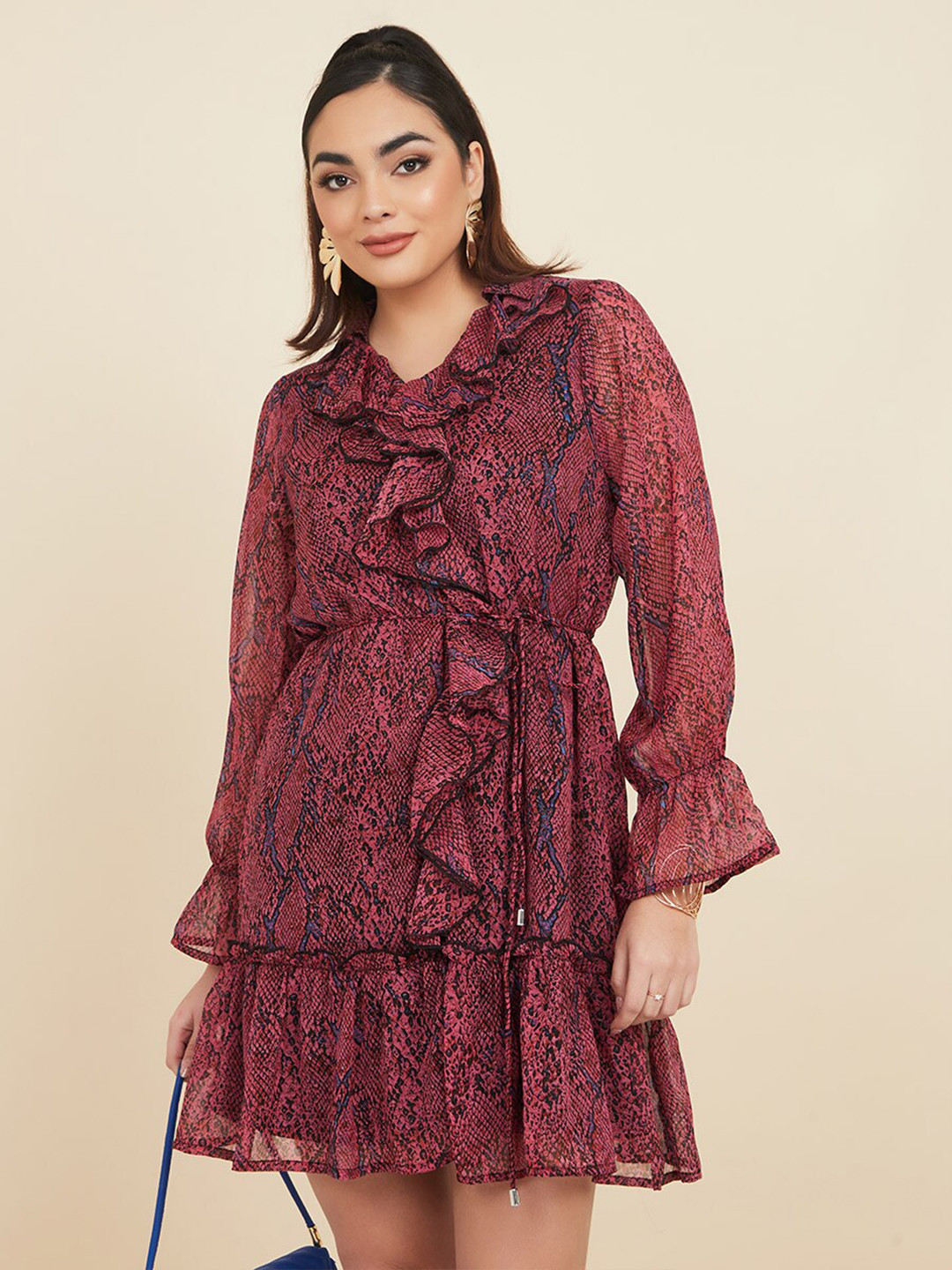 

Styli Animal Print Bell Sleeve A-Line Dress, Red