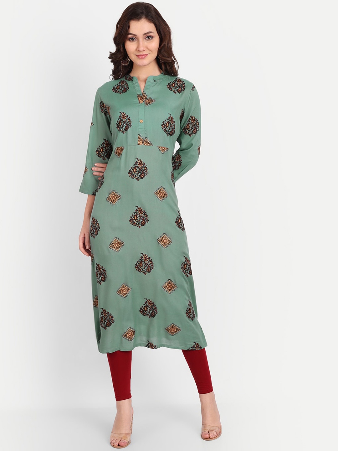 

TREND ME Floral Printed Mandarin Collar Three-Quarter Sleeve Kurta, Teal