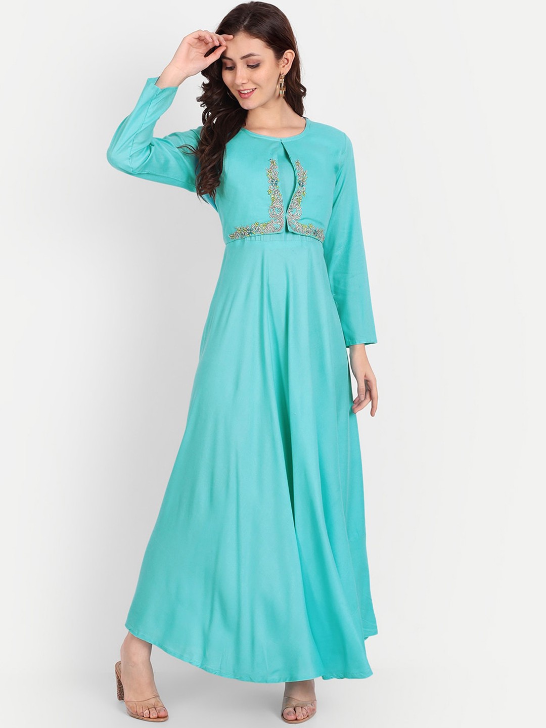 

TREND ME Round Neck Long Sleeve Fit & flare Thread Work Maxi Dresses, Blue