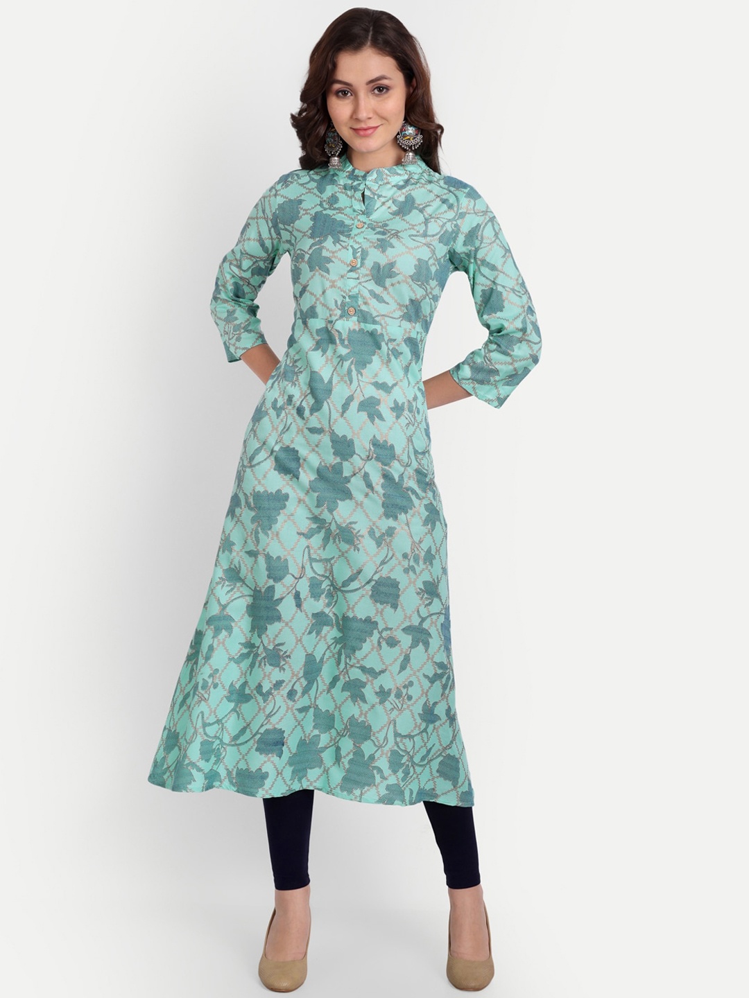 

TREND ME Floral Print Mandarin Collar Three-Quarter Sleeves Kurta, Blue