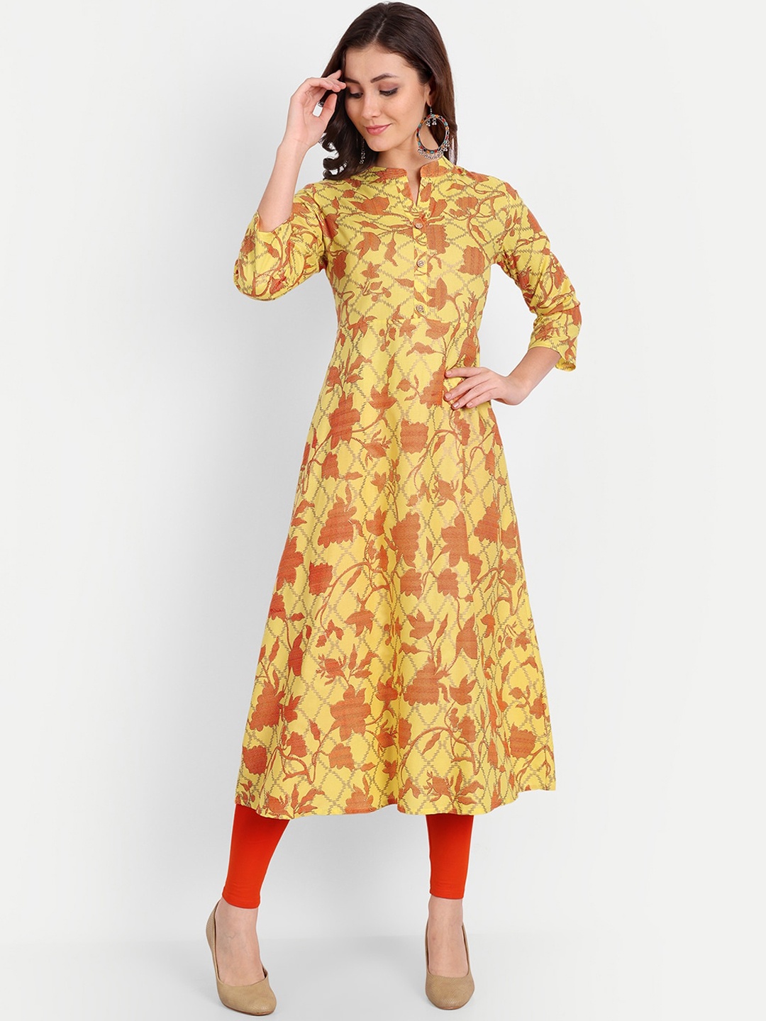 

TREND ME Floral Print Mandarin Collar Three-Quarter Sleeves A-Line Kurta, Yellow