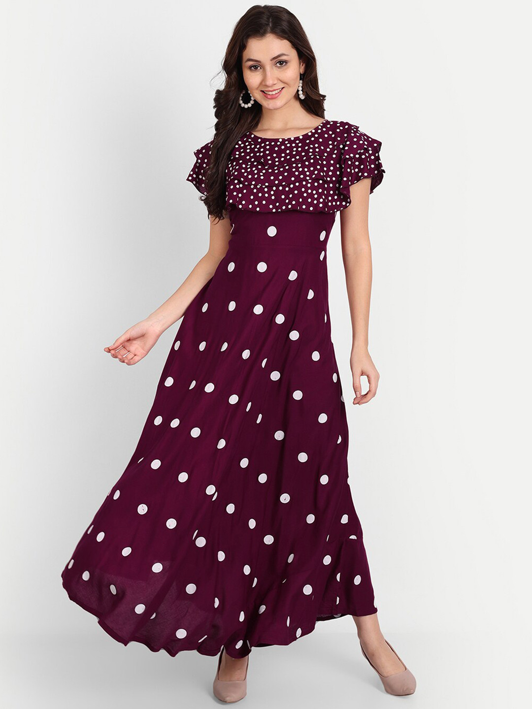

TREND ME Geometric Print Flared Sleeve Fit & flare Ruffles Maxi Dresses, Maroon