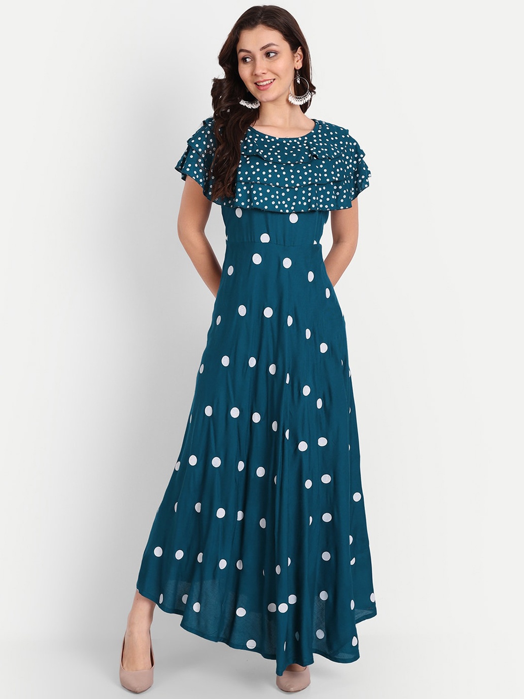 

TREND ME Geometric Print Flared Sleeve Fit & flare Ruffles Maxi Dresses, Teal