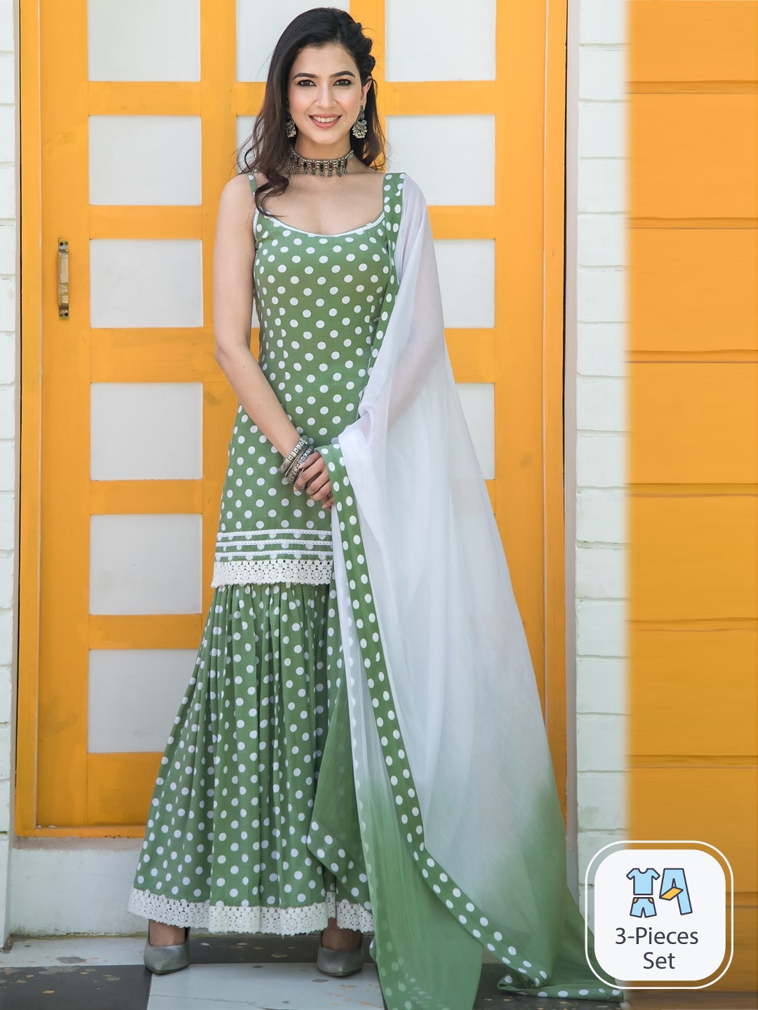

PINKVILLE JAIPUR Polka Dot Printed Regular Straight Kurti & Sharara With Dupatta, Green
