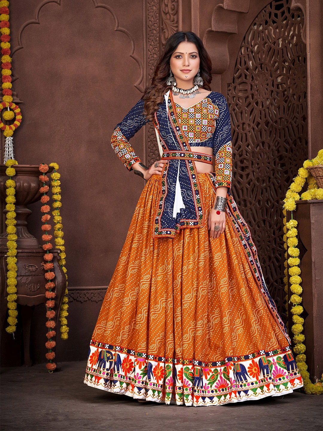 

KALINI Bandhani Printed Thread Work Lehenga Choli With Dupatta, Navy blue