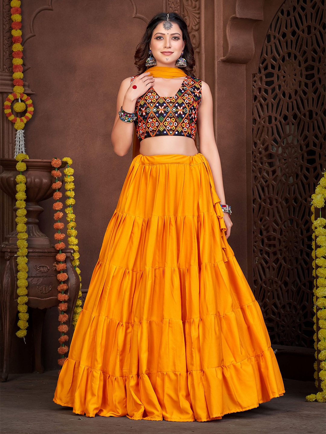 

KALINI Embroidered Semi-Stitched Lehenga & Unstitched Blouse With Dupatta, Yellow