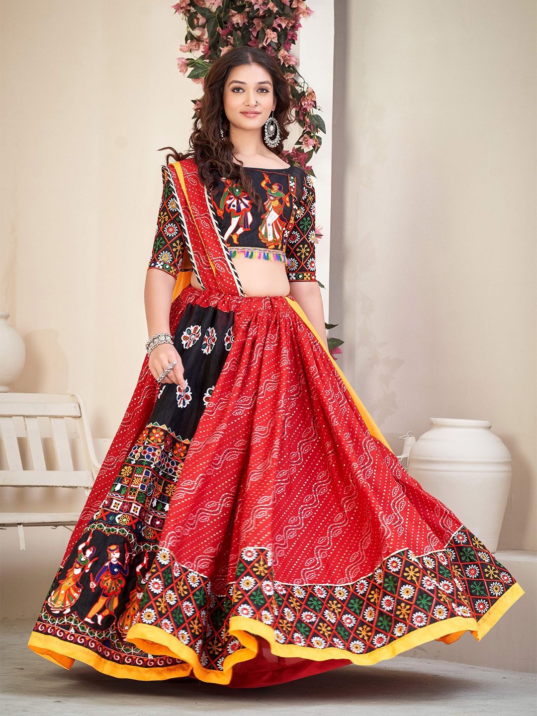 

KALINI Embroidered Thread Work Semi-Stitched Lehenga & Unstitched Blouse With Dupatta, Red