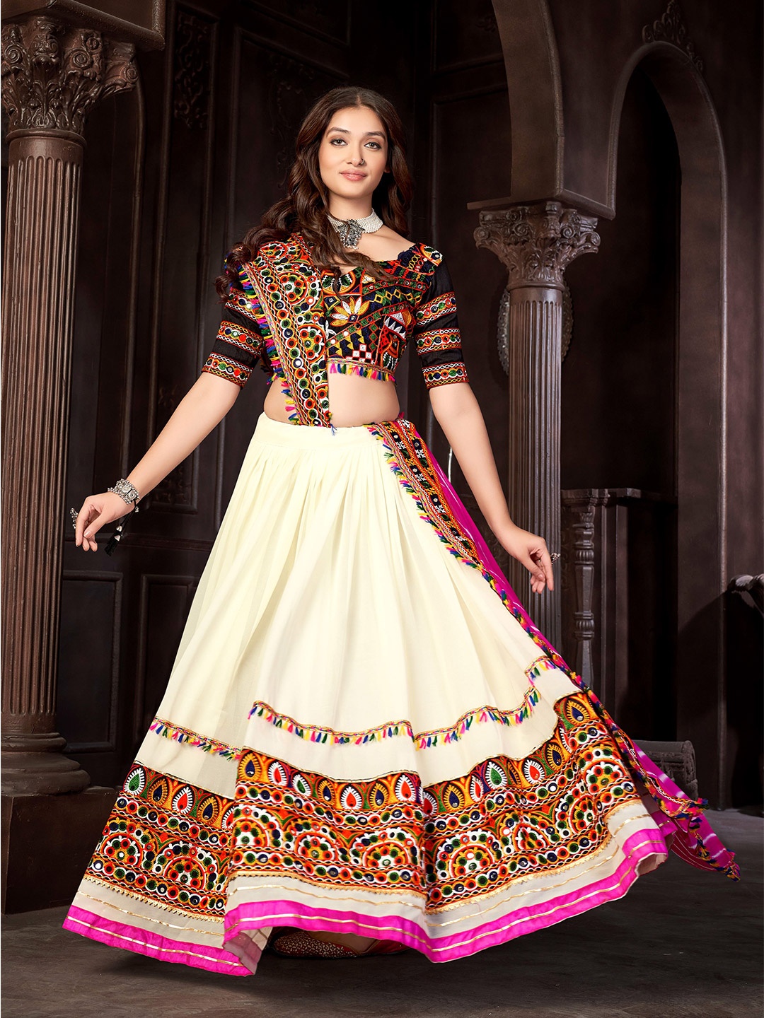 

KALINI Embroidered Mirror Work Lehenga Choli With Dupatta, Off white