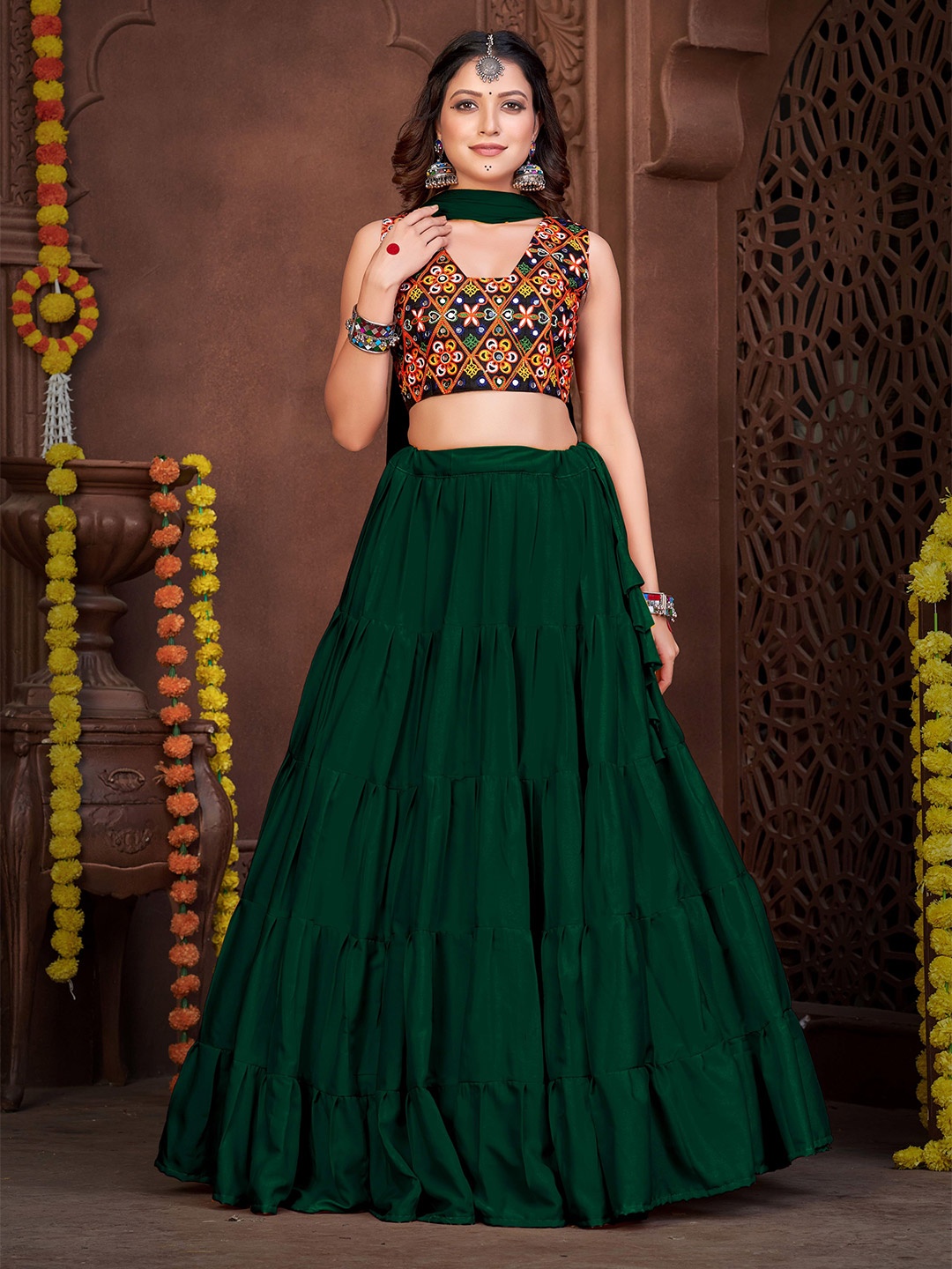 

KALINI Embroidered Mirror Work Lehenga Choli With Dupatta, Green