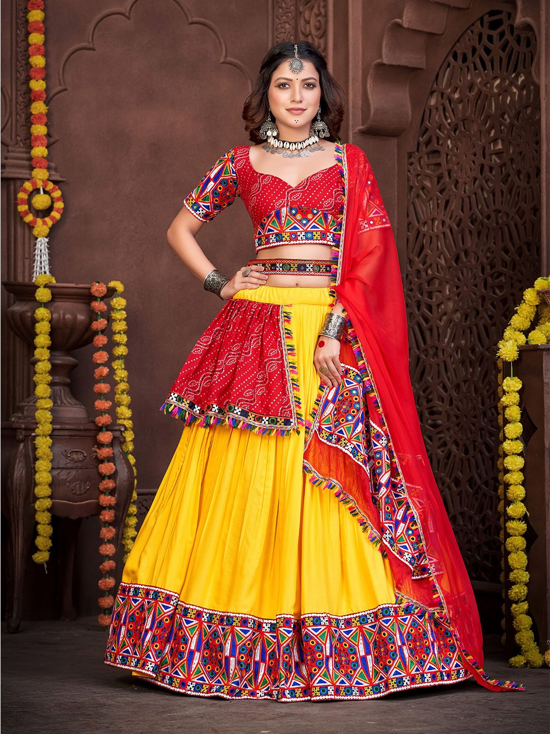

KALINI Embroidered Thread Work Semi-Stitched Lehenga & Unstitched Blouse With Dupatta, Red