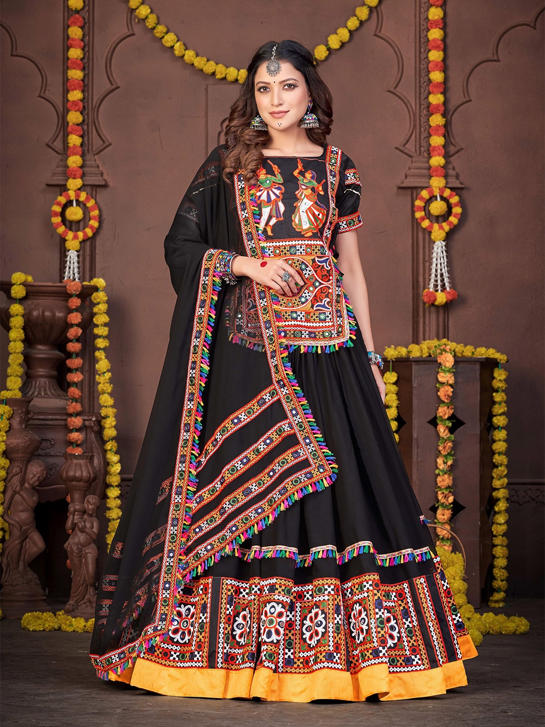 

KALINI Embroidered Mirror Work Lehenga Choli With Dupatta, Black