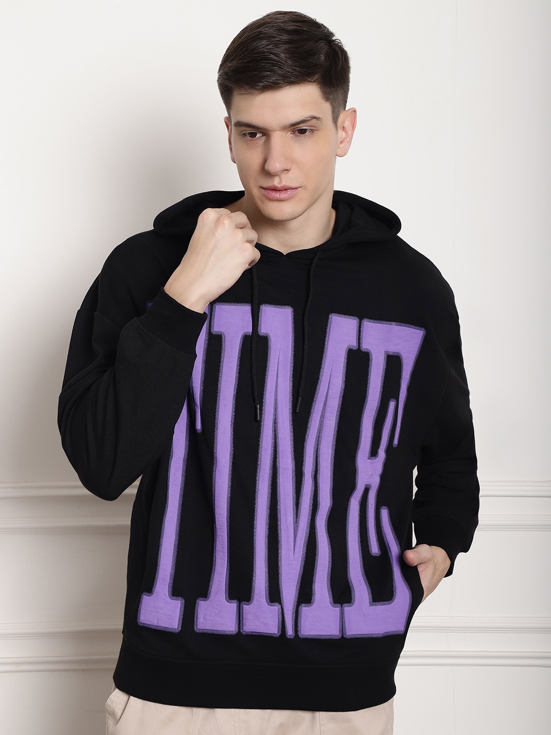 

DOOR74 Typgraphy Printed Hooded Cotton Oversized Sweatshirt, Black