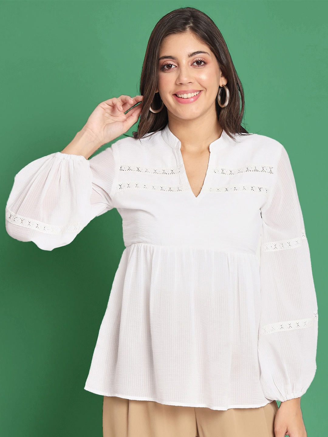 

CHARMGAL Lace Detail Mandarin Collar Puff Sleeves Pleated Georgette A-Line Top, White